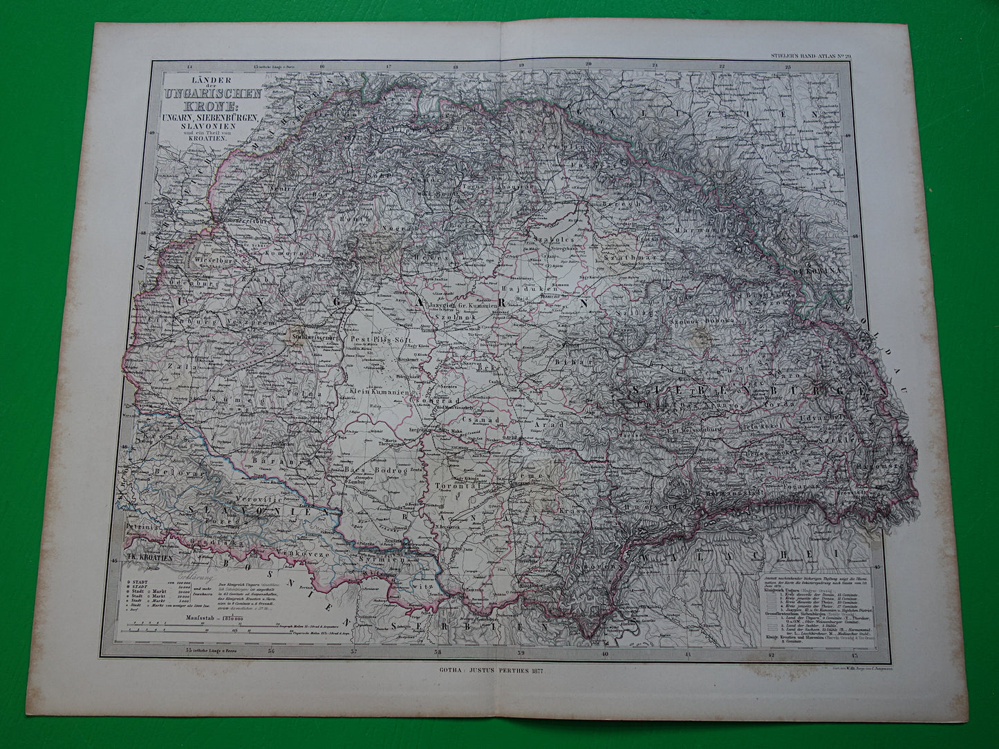 Hongarije Roemenië vintage landkaart uit 1885 van Budapest Transsylvanië Originele oude antieke kaart met jaartal historische kaarten Oostenrijk-Hongarije