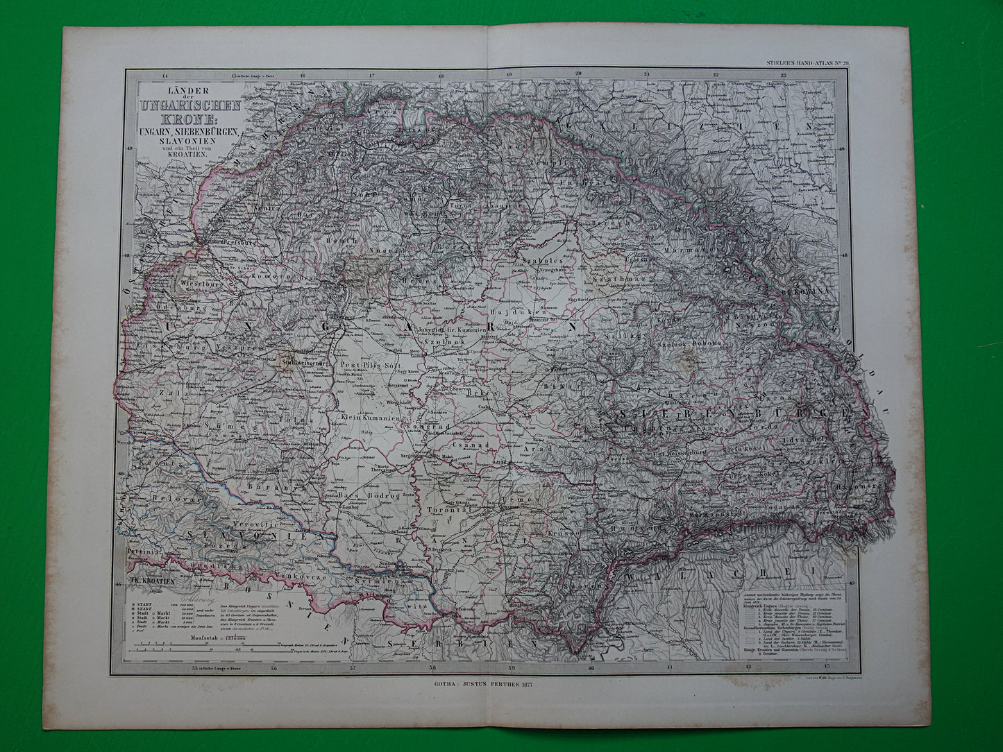 Hongarije Roemenië vintage landkaart uit 1885 van Budapest Transsylvanië Originele oude antieke kaart met jaartal - historische kaarten Oostenrijk-Hongarije