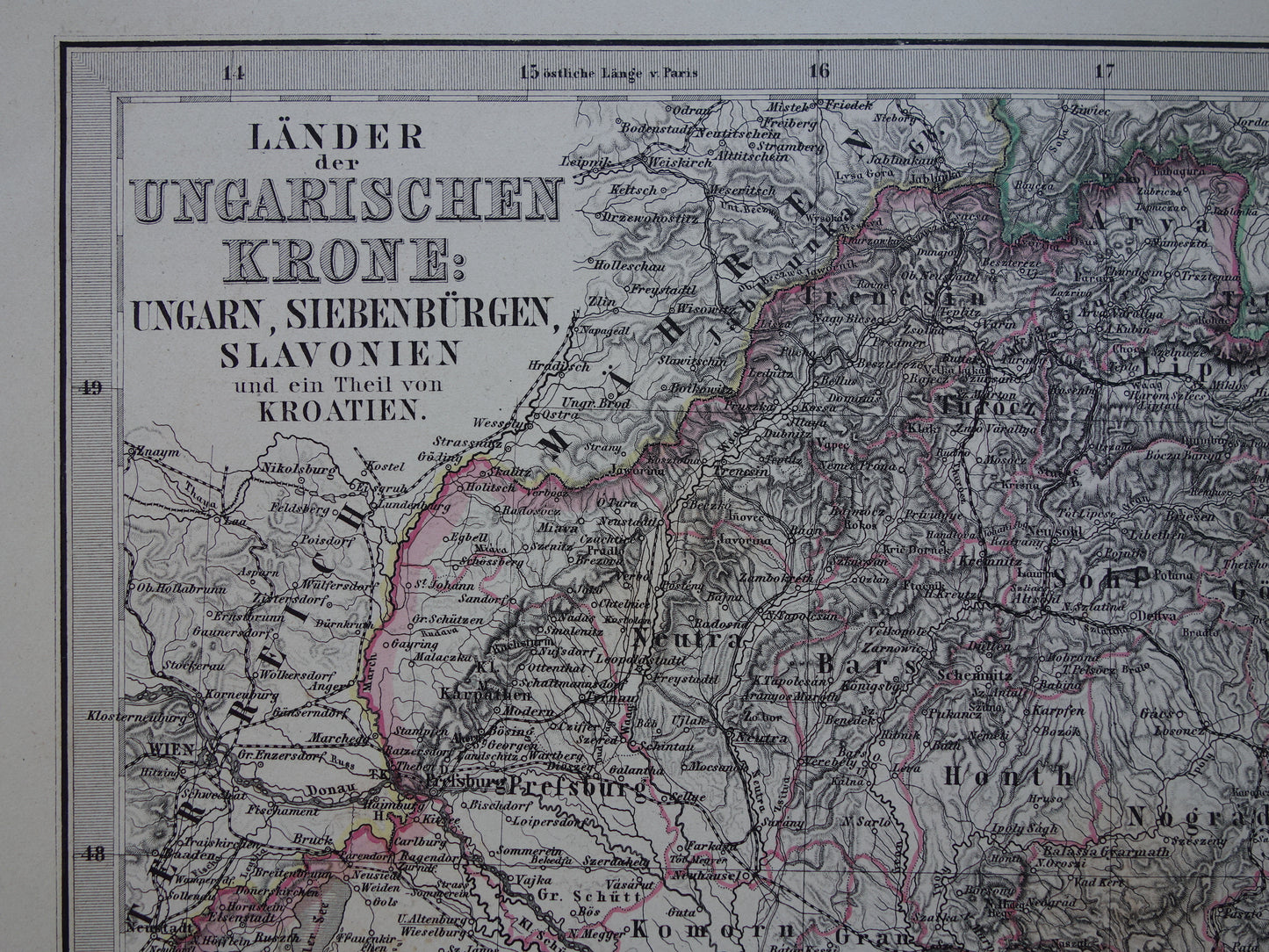 Hongarije Roemenië vintage landkaart uit 1885 van Budapest Transsylvanië Originele oude antieke kaart met jaartal - historische kaarten Oostenrijk-Hongarije