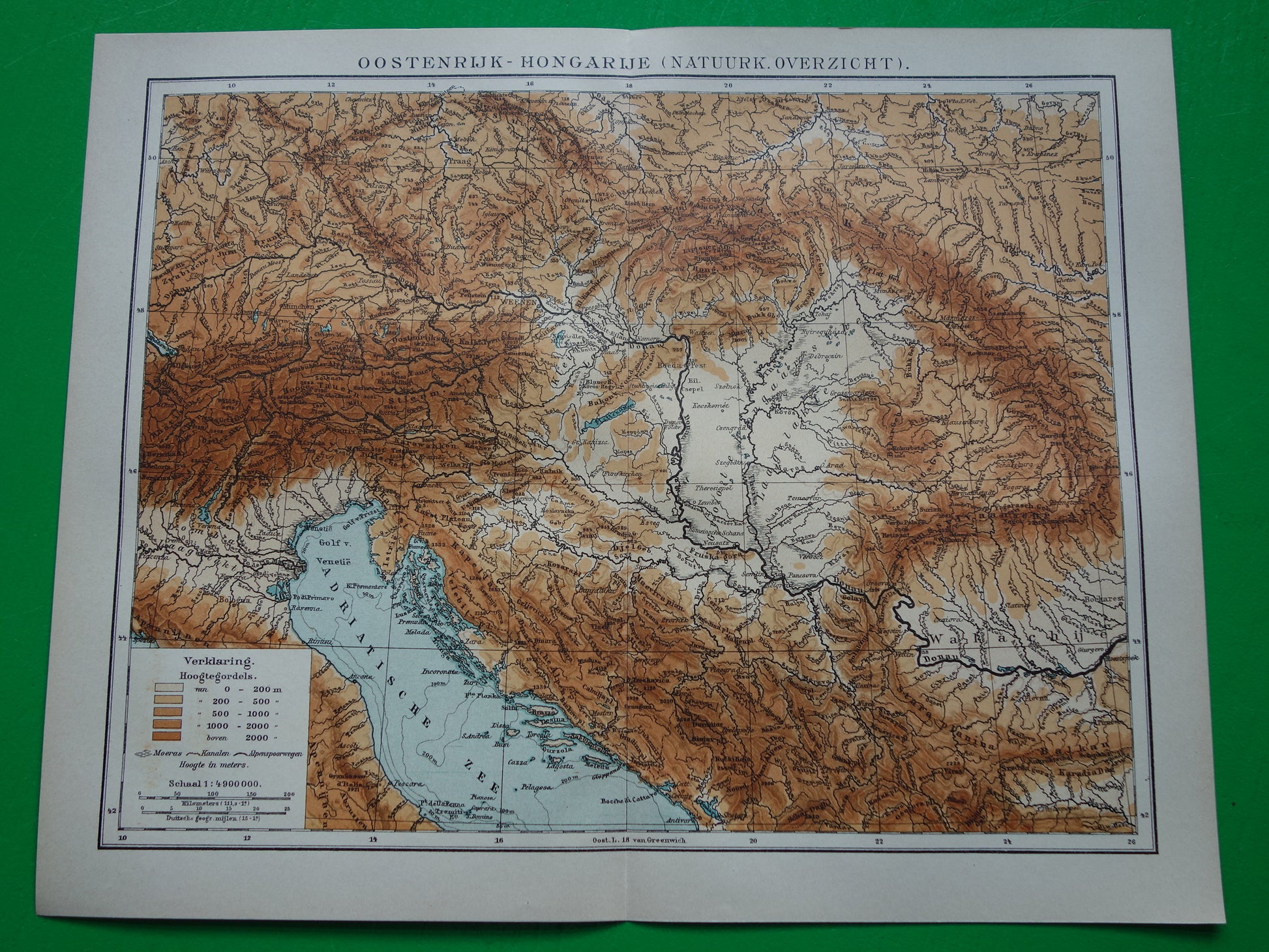 Oude kaart van de Karpaten Alpen Dinarische Alpen 1910 originele antieke Nederlanse landkaart hoogtekaart Oostenrijk Tsjechië Hongarije Roemenië
