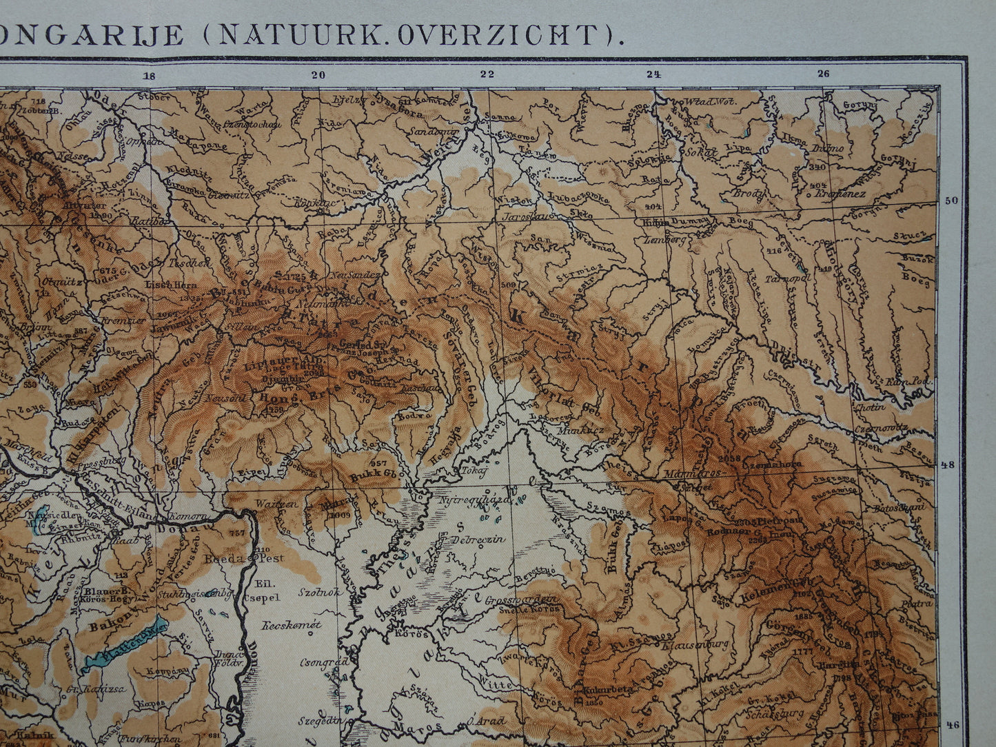 Oude kaart van de Karpaten Alpen Dinarische Alpen 1910 originele antieke Nederlanse landkaart hoogtekaart Oostenrijk Tsjechië Hongarije Roemenië