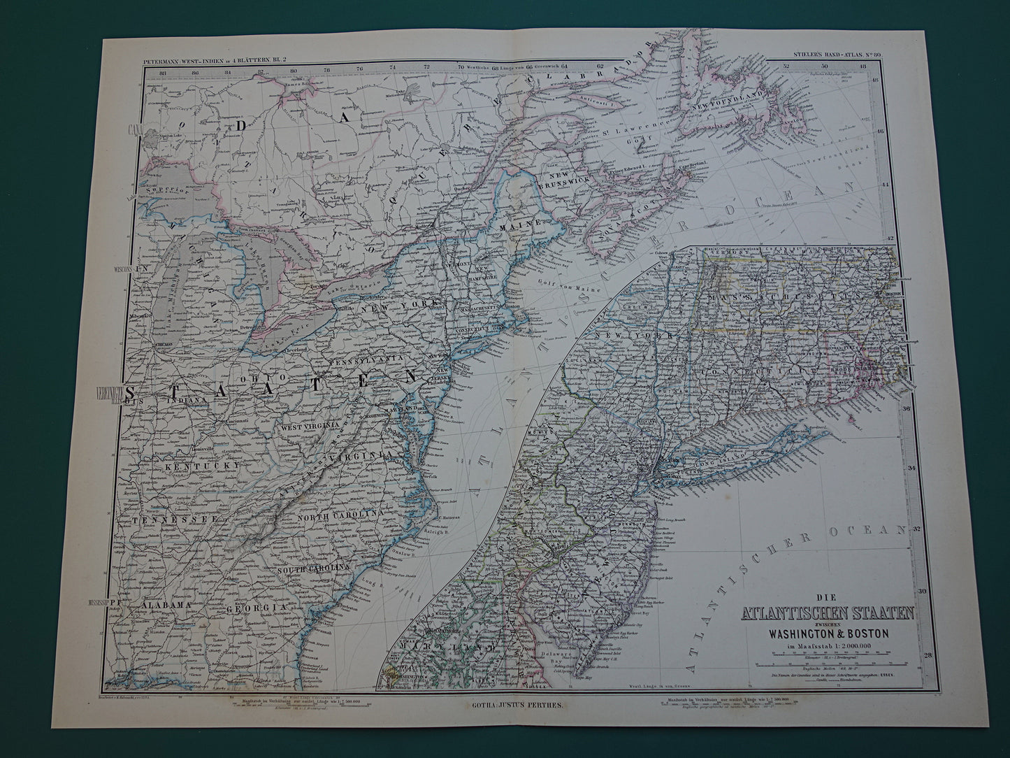 New Jersey Long Island Antieke kaart van de VS uit 1884 originele oude landkaart New York Connecticut Verenigde Staten