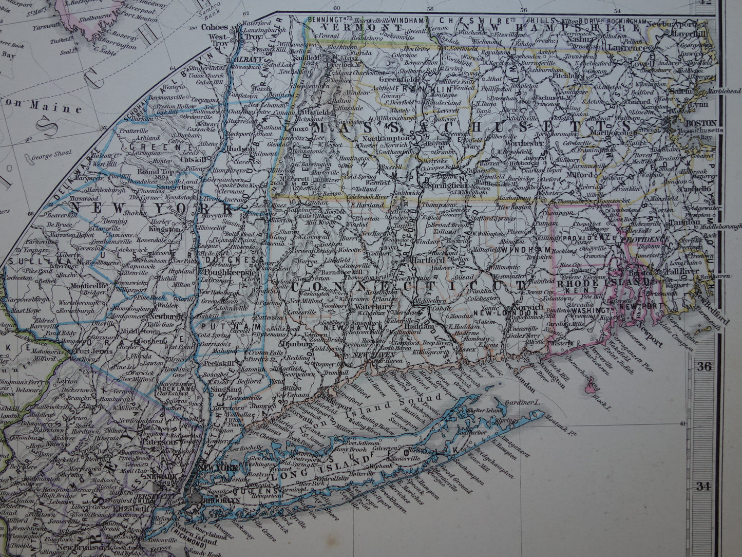 New Jersey Long Island Antieke kaart van de VS uit 1884 originele oude landkaart New York Connecticut Verenigde Staten