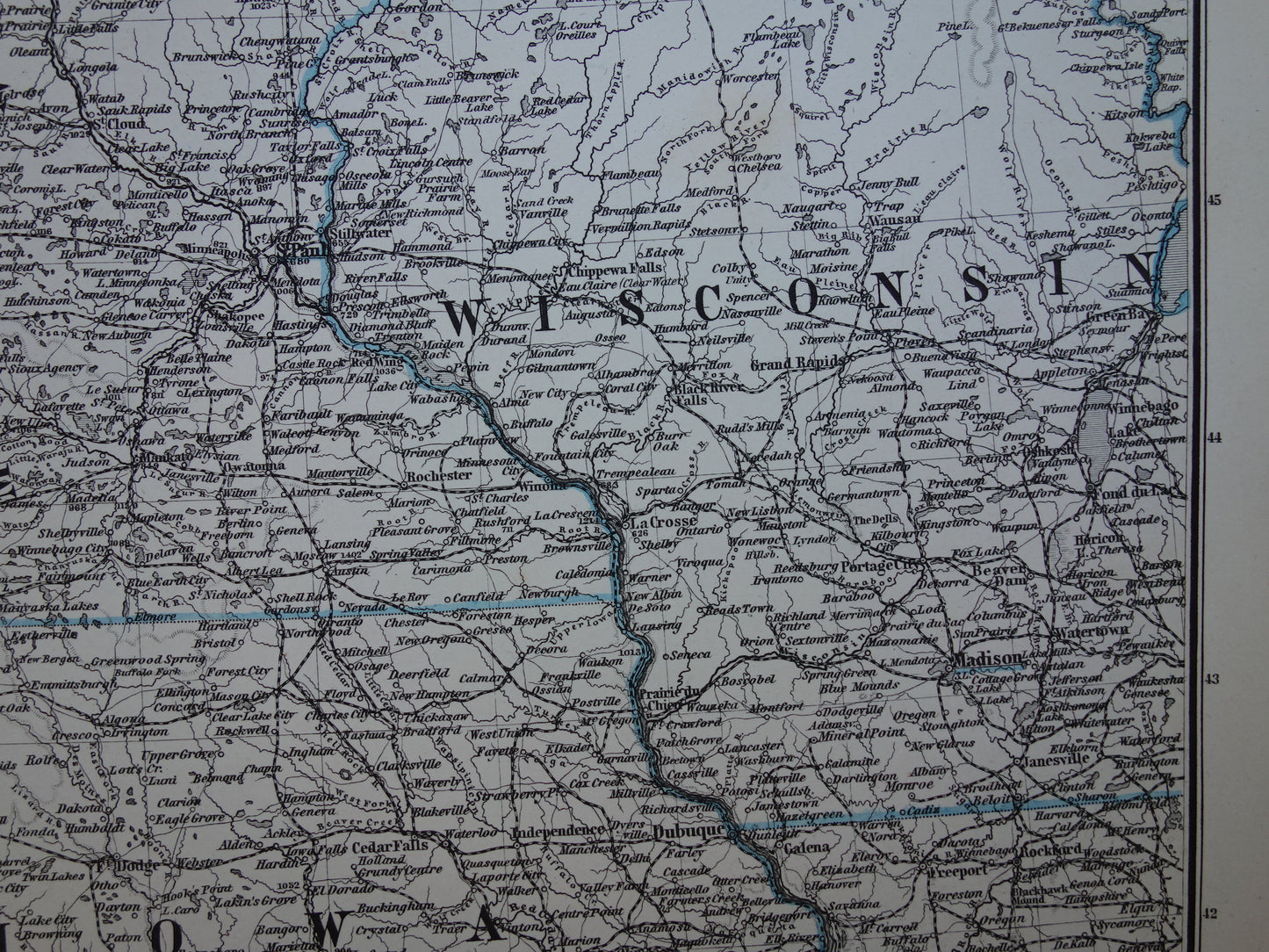 MINNESOTA IOWA Antieke kaart van de VS uit 1884 originele oude landkaart Wisconsin Dakota Nebraska Verenigde Staten