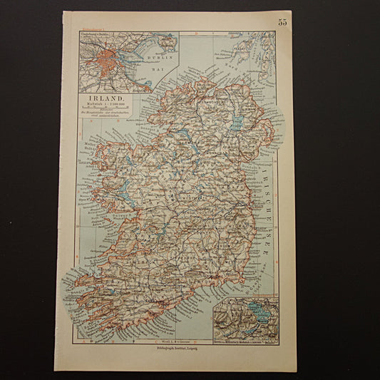 IERLAND oude kaart van Ierland 1905 originele antieke Duitse landkaart van Dublin Killarney