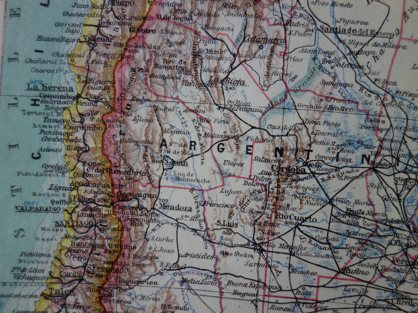 ZUID-AMERIKA oude landkaart van Argentinië Chili Uruguay gedetailleerde vintage kaart uit 1928 Paraguay Bolivia