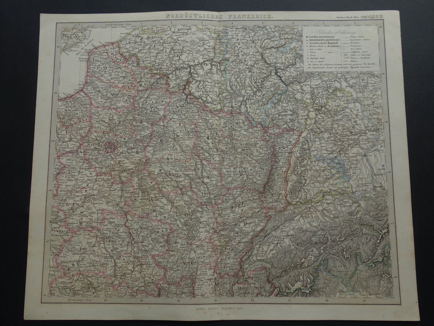 FRANKRIJK Grote oude kaart van Frankrijk 1863 originele antieke landkaart poster 74x89 cm met jaartal