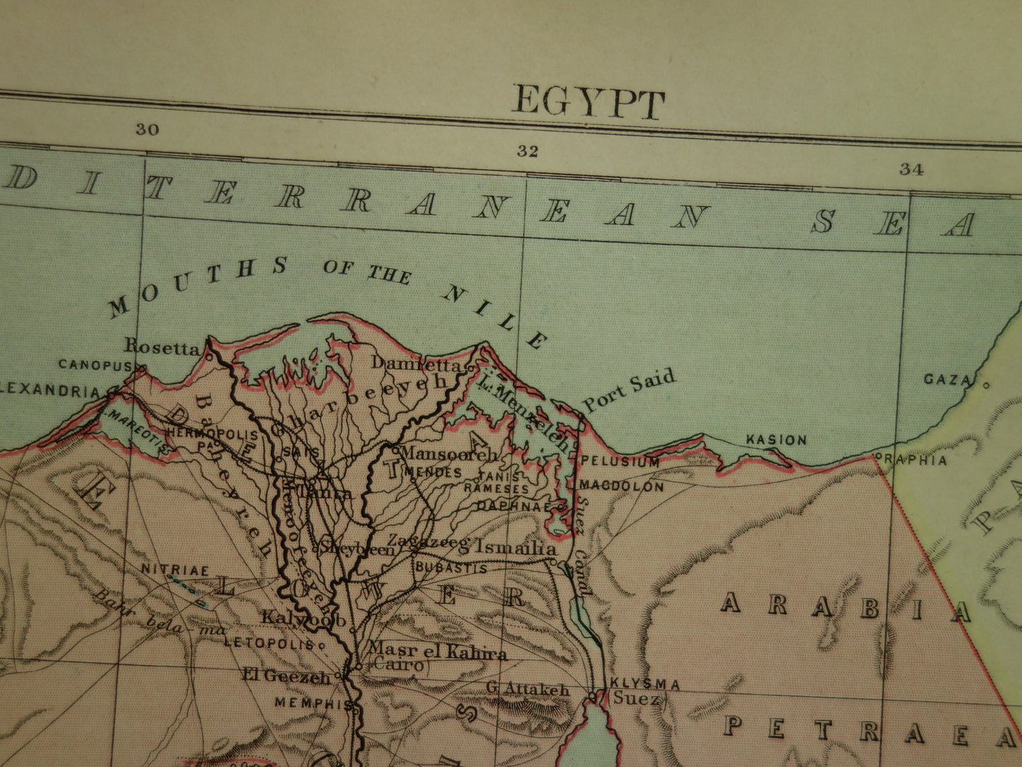 Antieke landkaart van Egypte uit 1877 originele 140+ jaar oude Engelse kaart Caïro