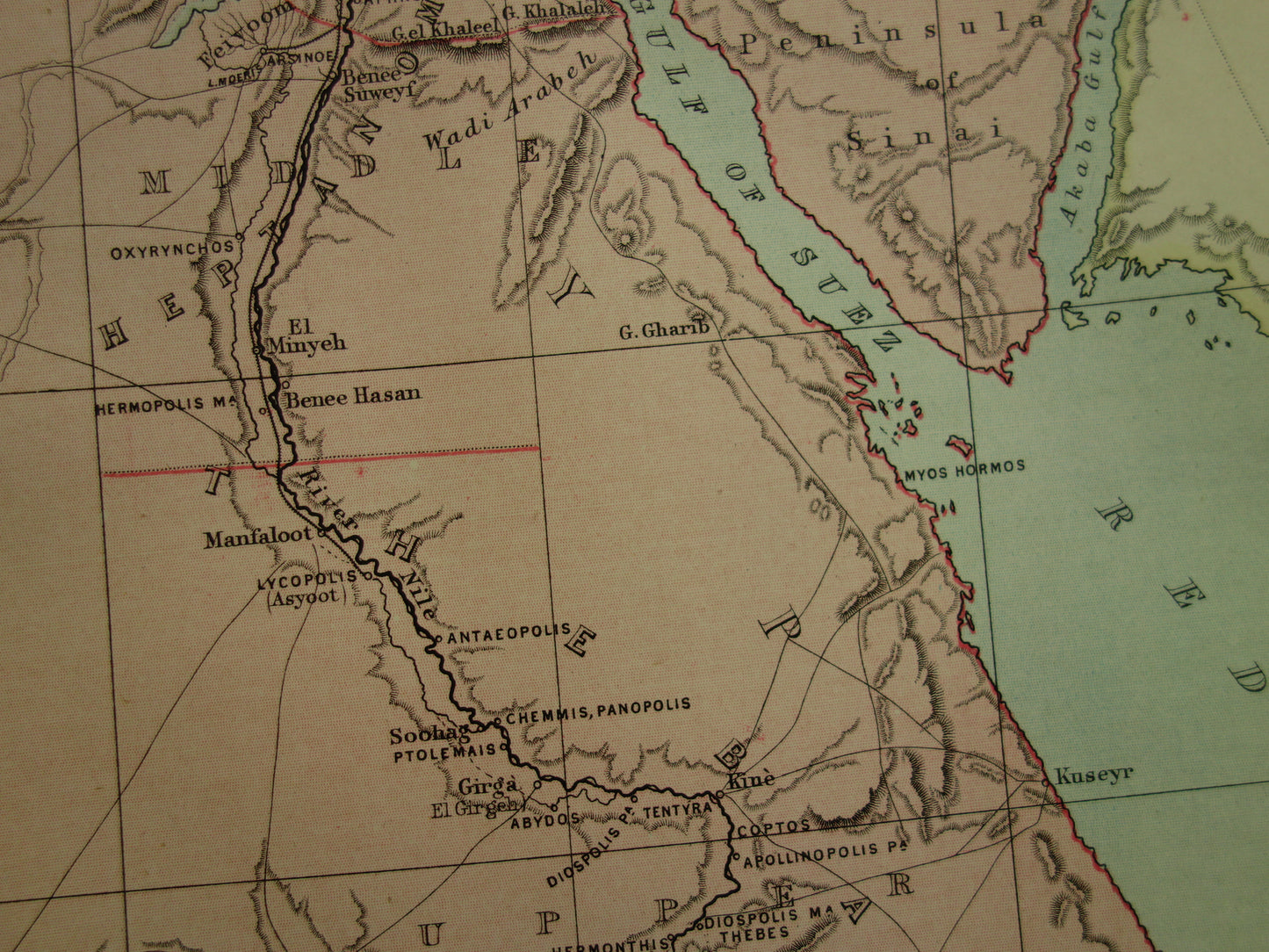 Antieke landkaart van Egypte uit 1877 originele 140+ jaar oude Engelse kaart Caïro