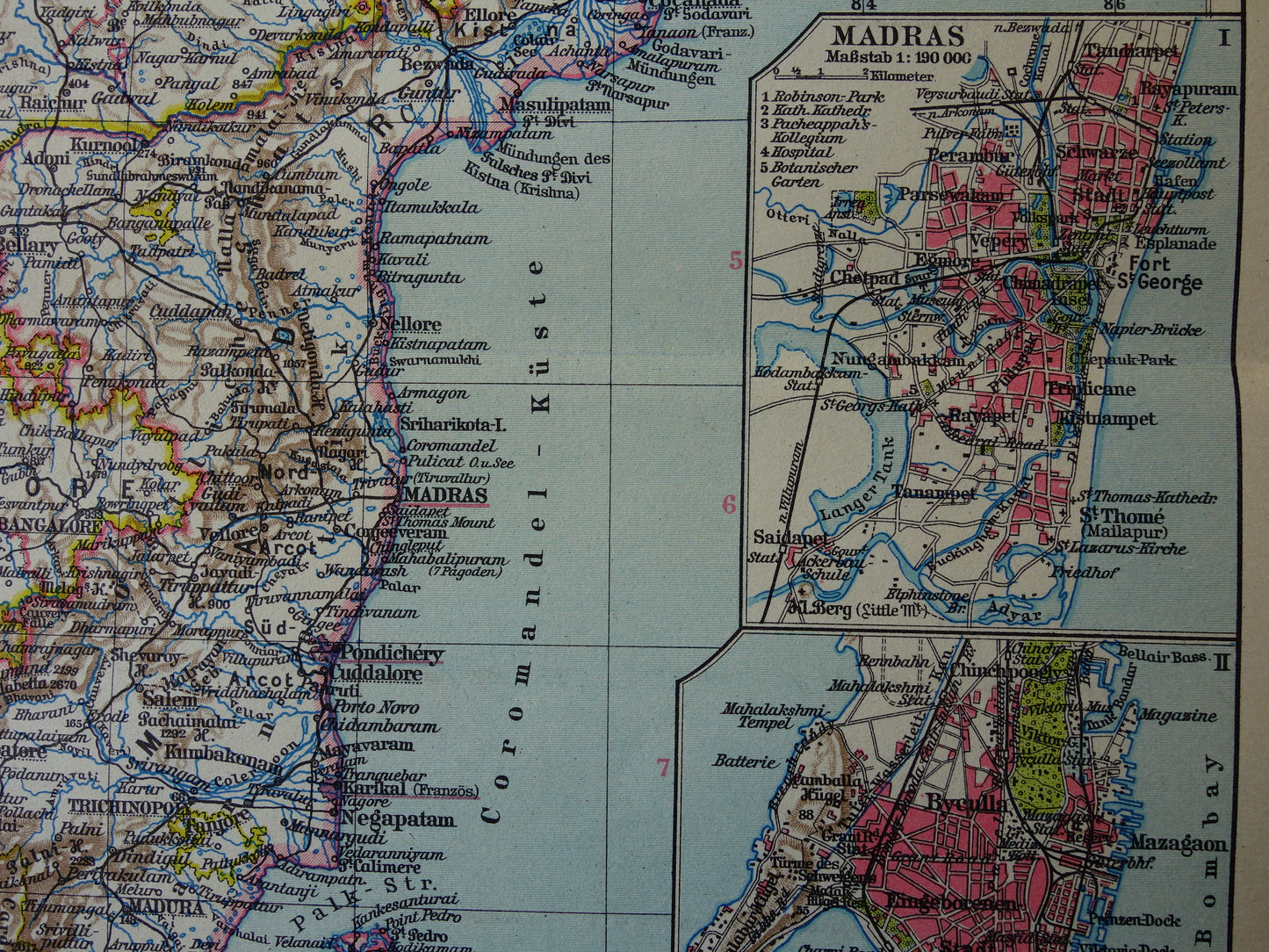 Oude landkaart van India in 1928 originele historische kaart van India met plattegrond Madras Bombay Mumbai
