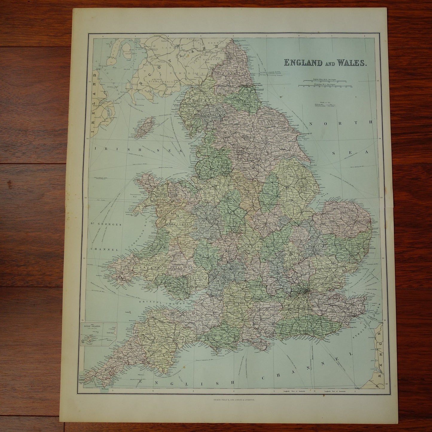 Grote antieke landkaart van Engeland en Wales uit 1890 originele historische Engelse kaart