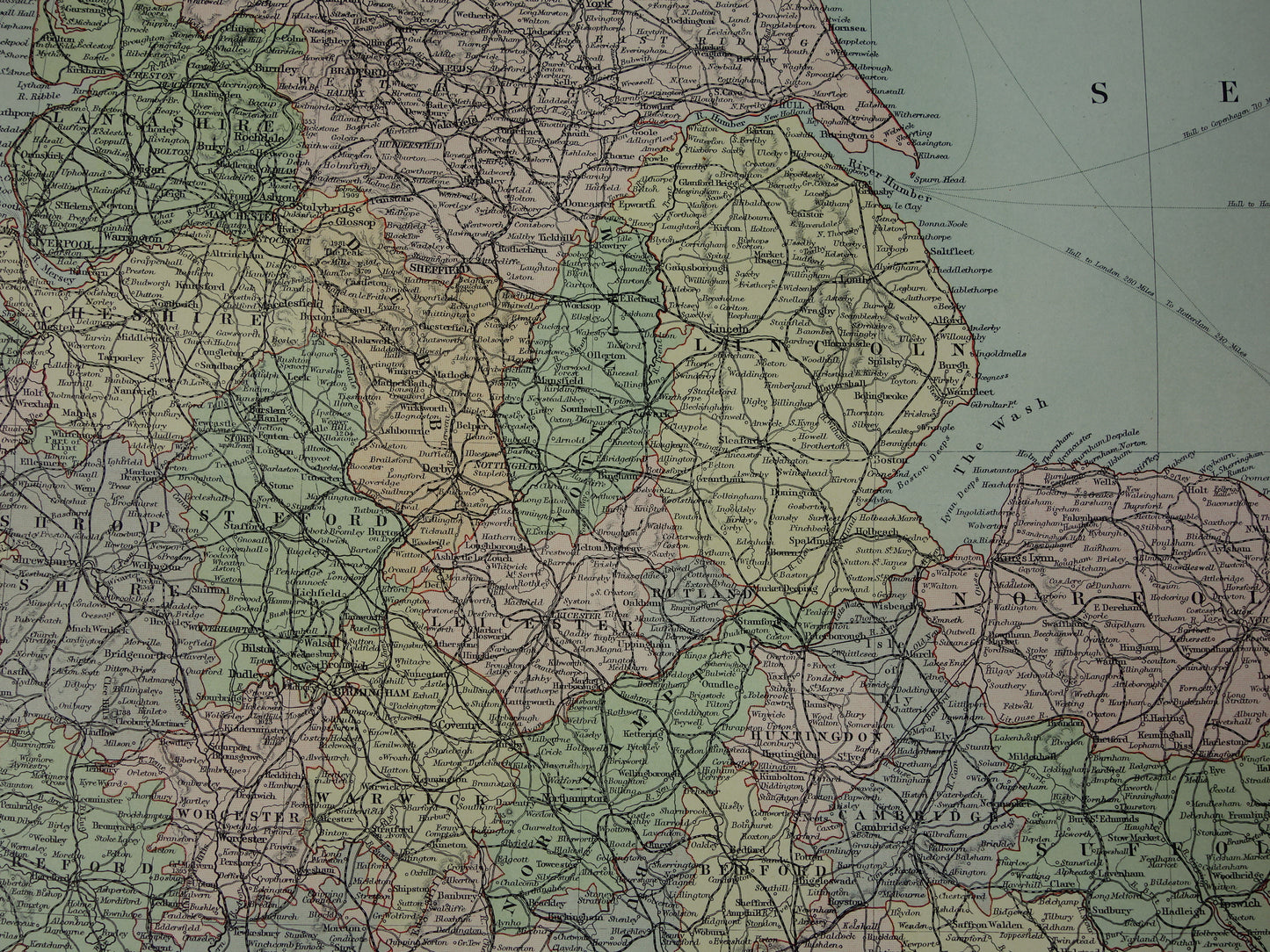 Grote antieke landkaart van Engeland en Wales uit 1890 originele historische Engelse kaart