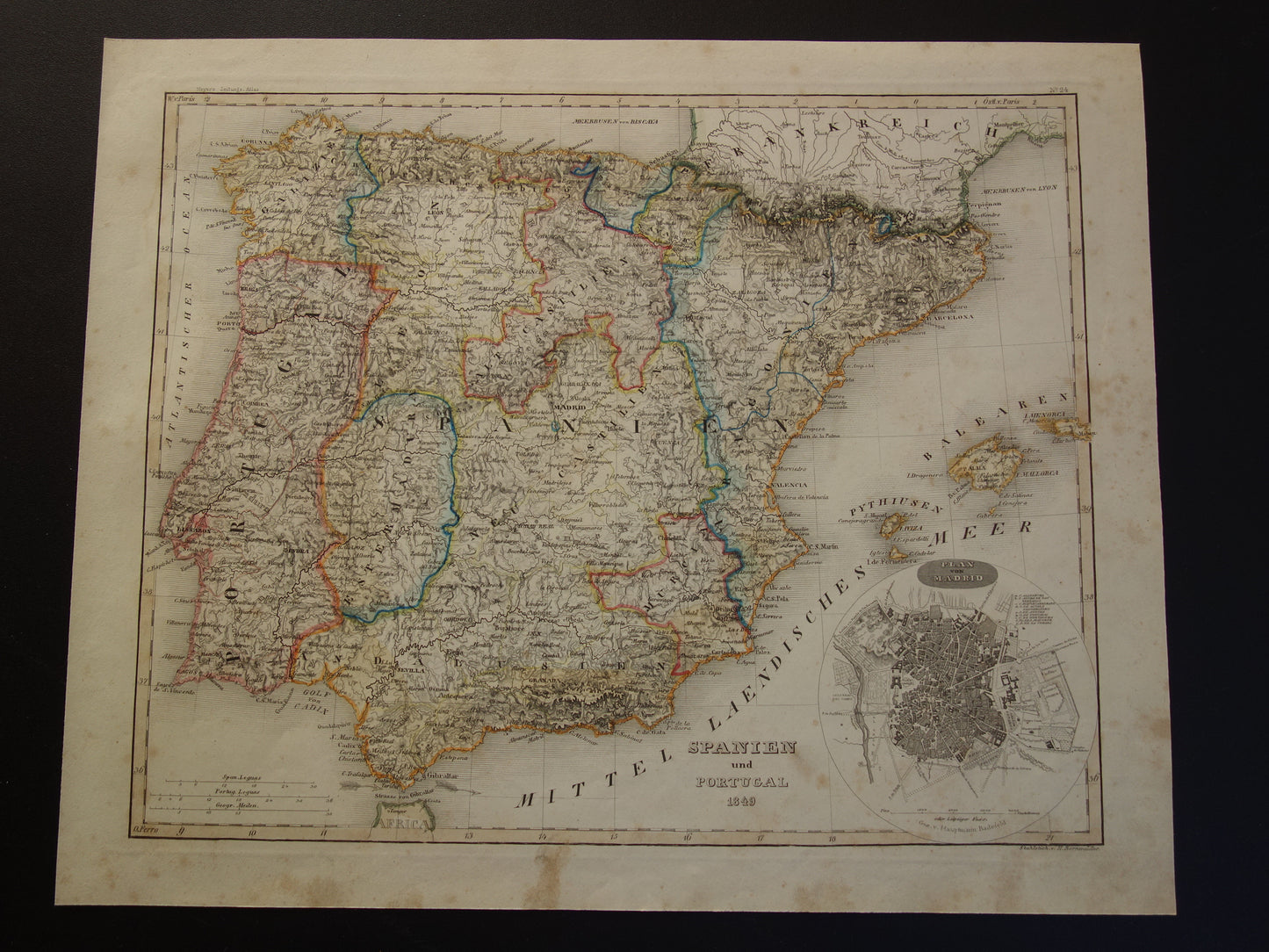 Oude kaart van Spanje en Portugal uit 1849 originele antieke landkaart Madrid vintage kaarten met jaartal