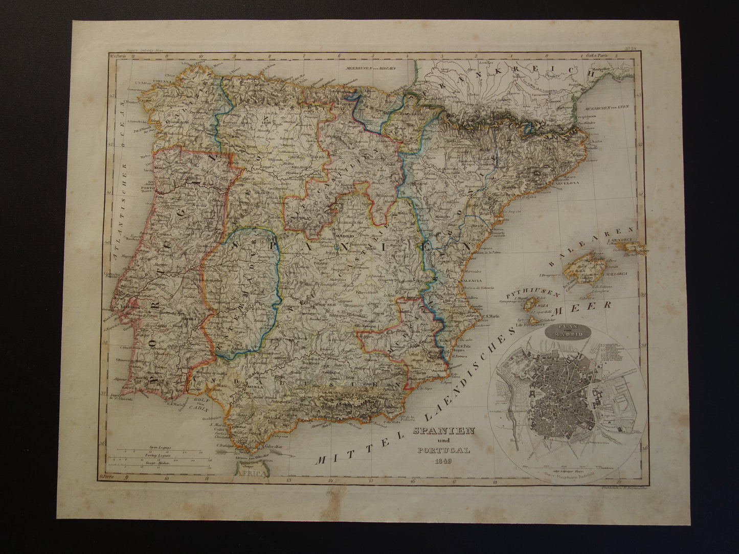 Oude kaart van Spanje en Portugal uit 1849 originele antieke landkaart Madrid vintage kaarten met jaartal