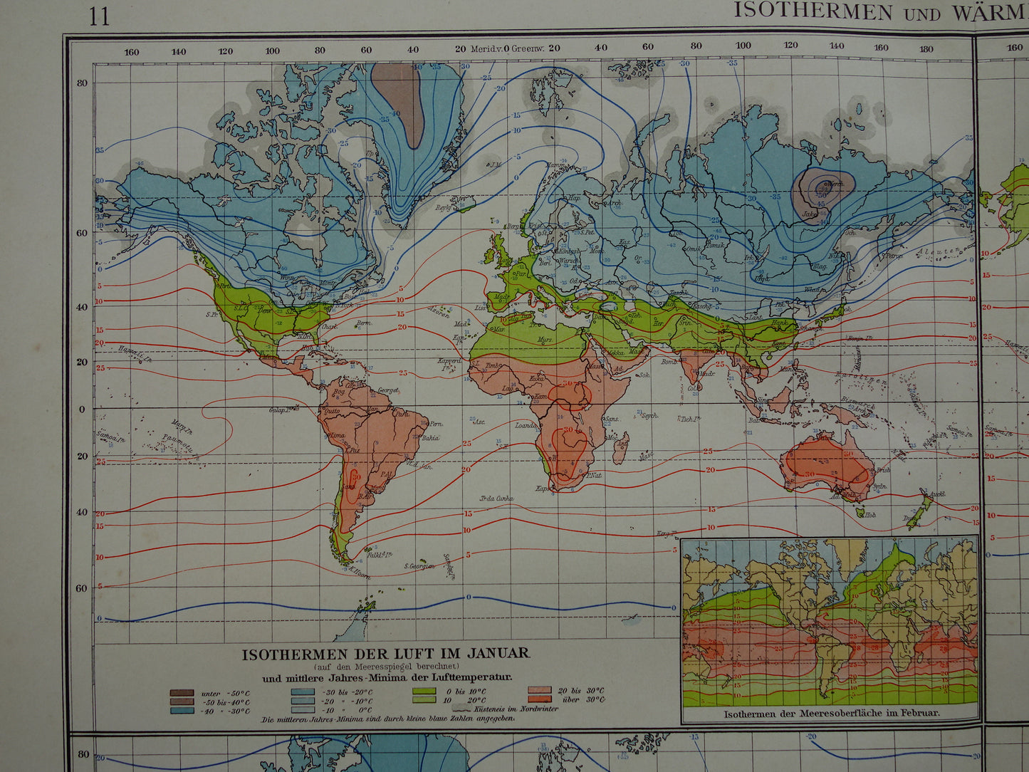 Oude wereldkaart over klimaat en temperatuur 1910 originele antieke historische kaart landkaart klimaatkaart isothermen