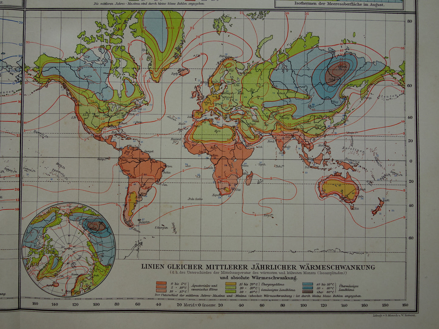 Oude wereldkaart over klimaat en temperatuur 1910 originele antieke historische kaart landkaart klimaatkaart isothermen