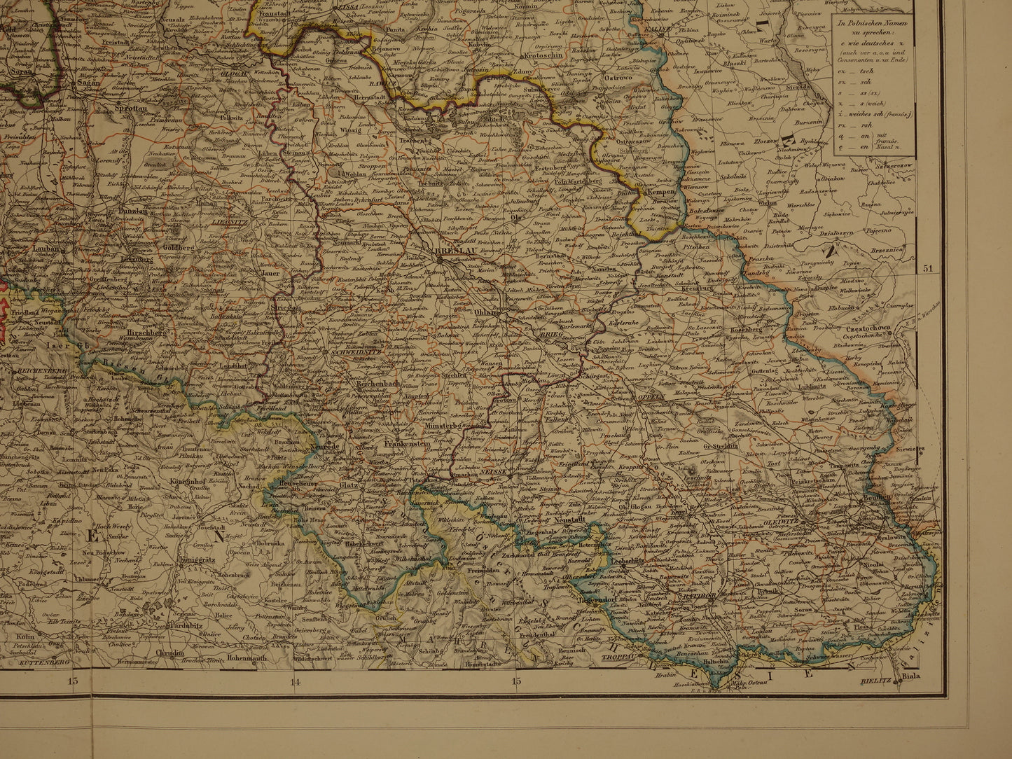 Grote oude kaart van Brandenburg Posen Silezië Originele antieke kaart 1859 Duitsland en Polen Berlijn Wrocław Poznan Dresden