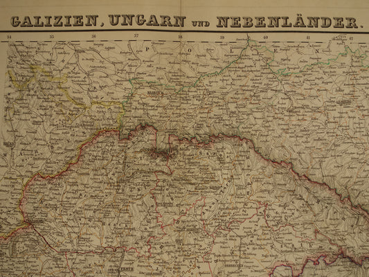 Hongarije Roemenië grote vintage landkaart uit 1860 van Budapest Transsylvanië Originele oude antieke kaart met jaartal - historische kaarten Oostenrijk-Hongarije