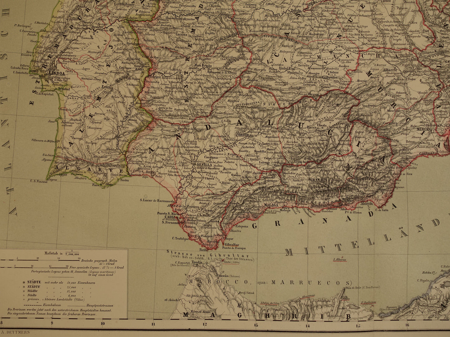 Grote oude kaart van Spanje en Portugal in 1857 originele antieke landkaart met jaartal