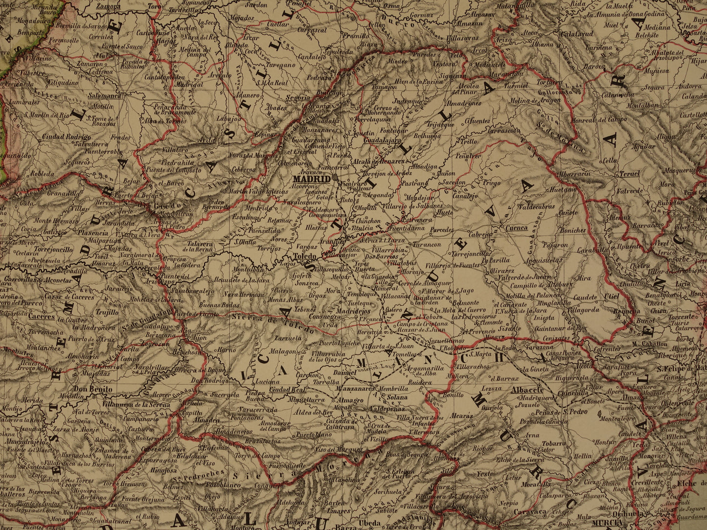 Grote oude kaart van Spanje en Portugal in 1857 originele antieke landkaart met jaartal
