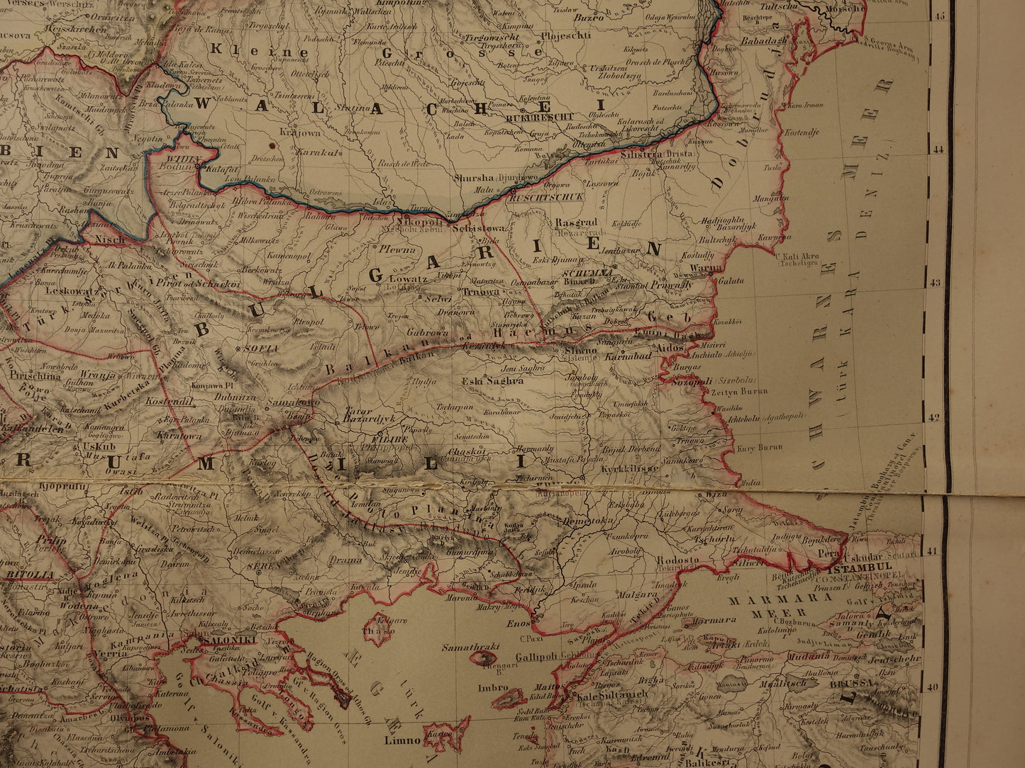 Grote Oude landkaart van de Balkan in 1856 met schade - Antieke kaart Europees Turkije Servië Griekenland handgekleurde vintage landkaarten