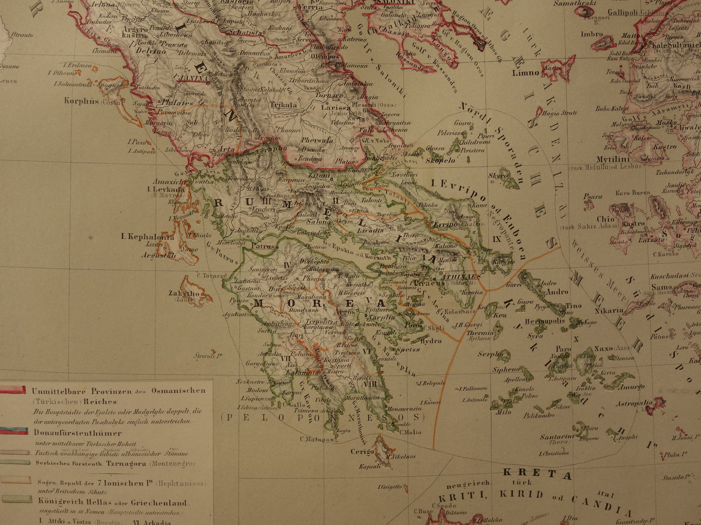 Grote Oude landkaart van de Balkan in 1856 met schade - Antieke kaart Europees Turkije Servië Griekenland handgekleurde vintage landkaarten