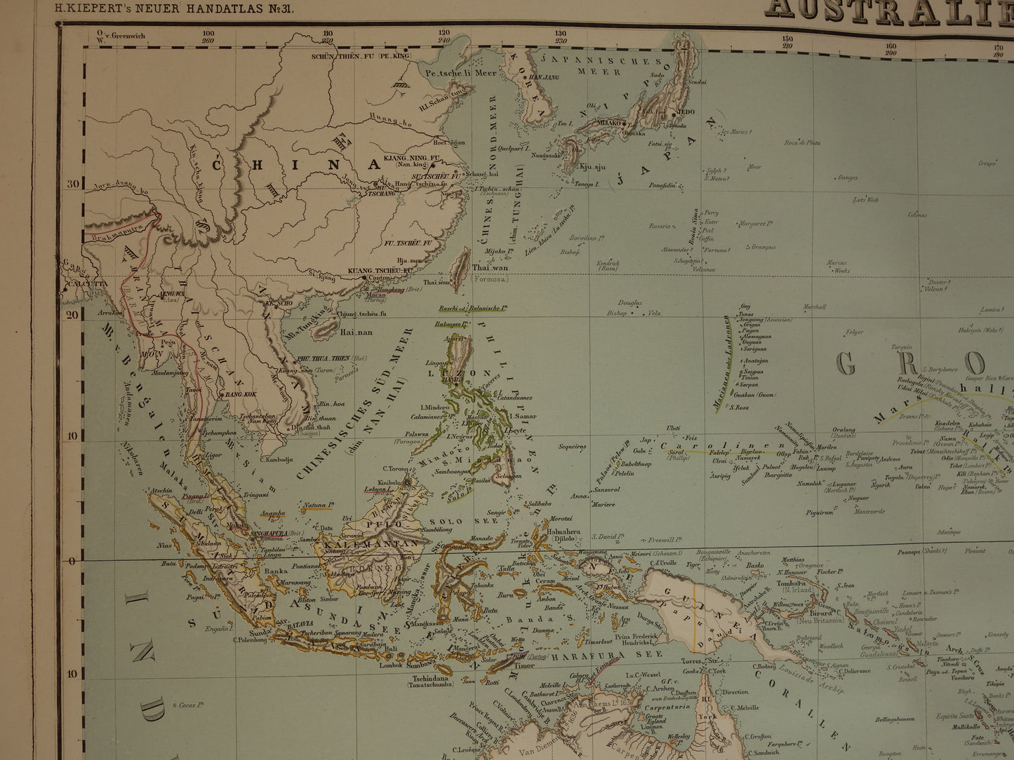 Oude landkaart van Oceanië in 1855 originele antieke grote kaart Australië Indonesië Polynesië handgekleurde vintage landkaarten