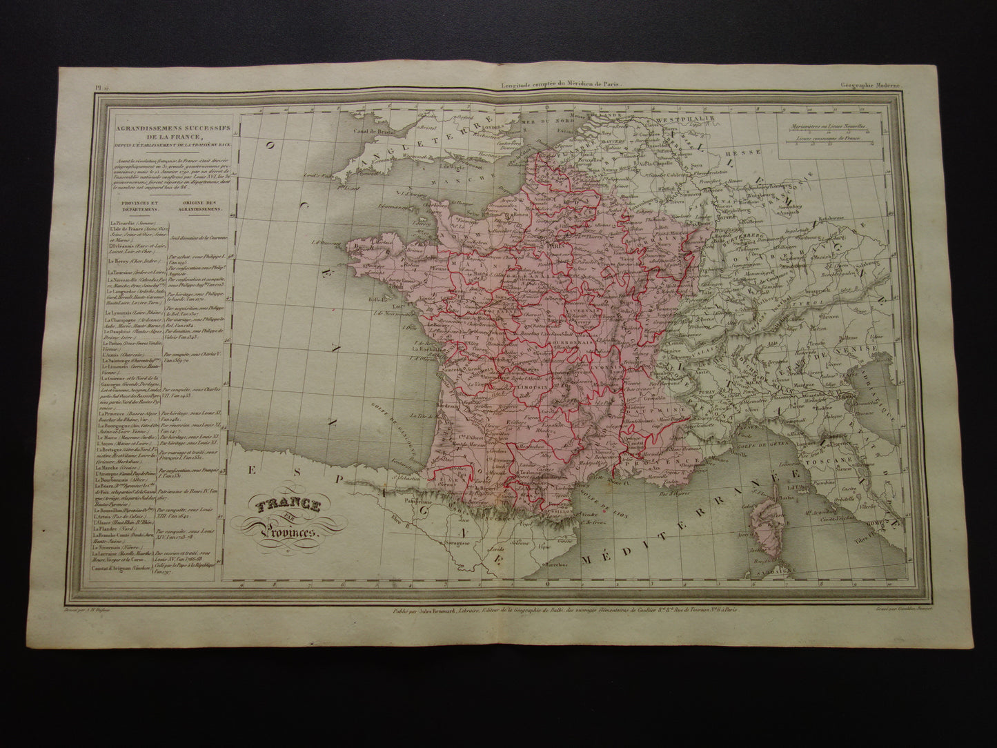 Antieke kaart van FRANKRIJK 180+ jaar oude Franse handgekleurde landkaart 1838