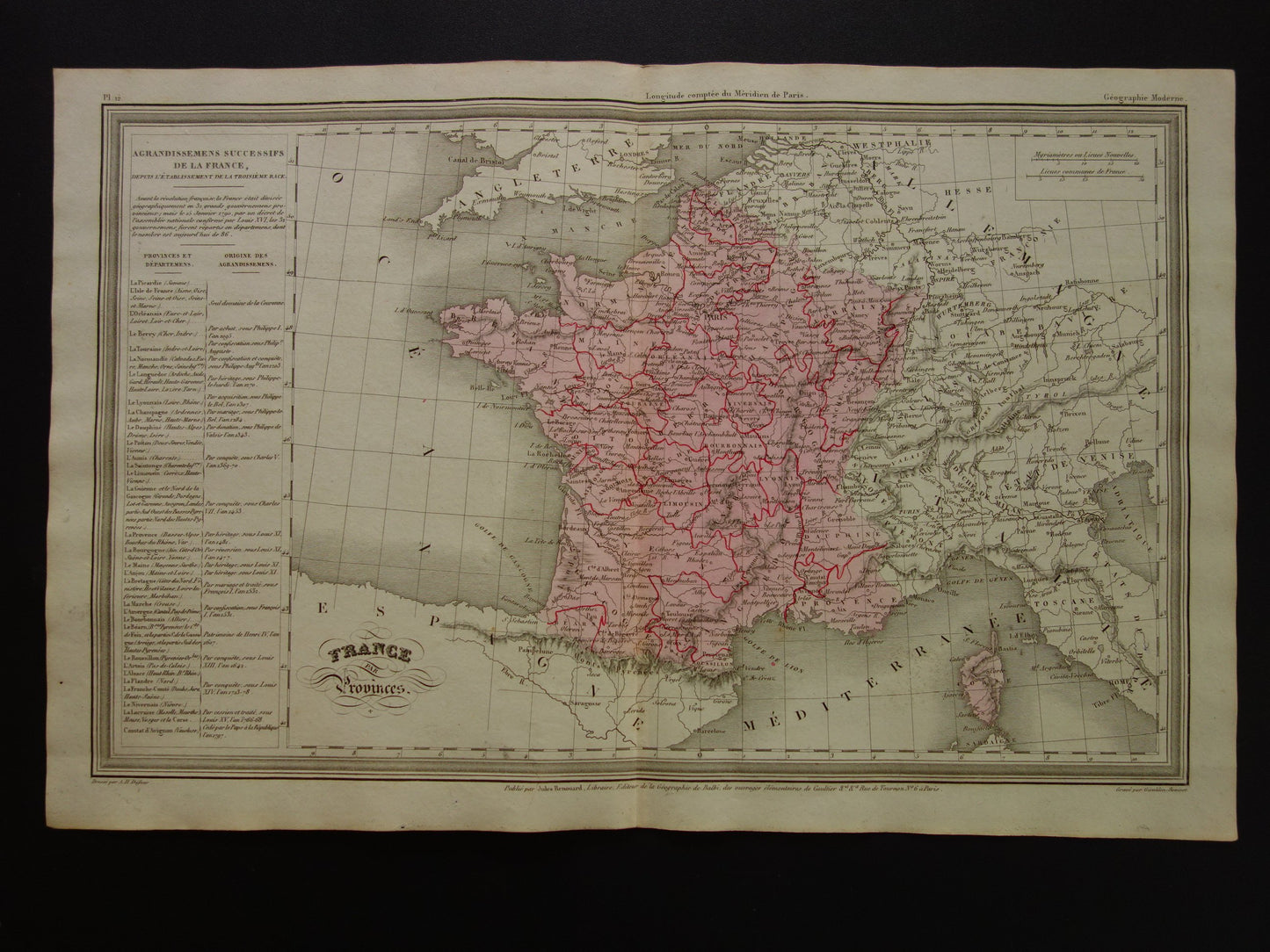 1838 kaart van Frankrijk met provincies en departementen