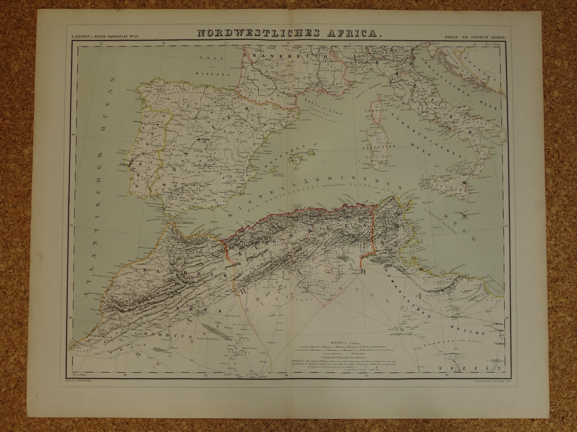 Oude kaart van westelijk Middellandse Zeegebied originele antieke landkaart van Marokko Tunesië Algerije Spanje Corisca met jaartal grote historische kaarten