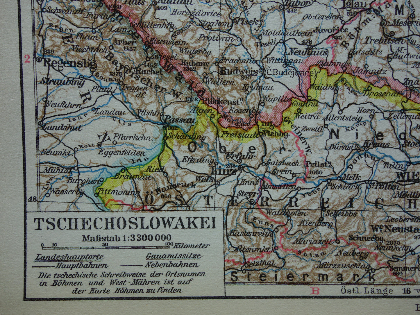 TSJECHOSLOWAKIJE oude kaart van Tsjechië en Slowakije uit 1928 originele kleine vintage landkaart Praag Bratislava