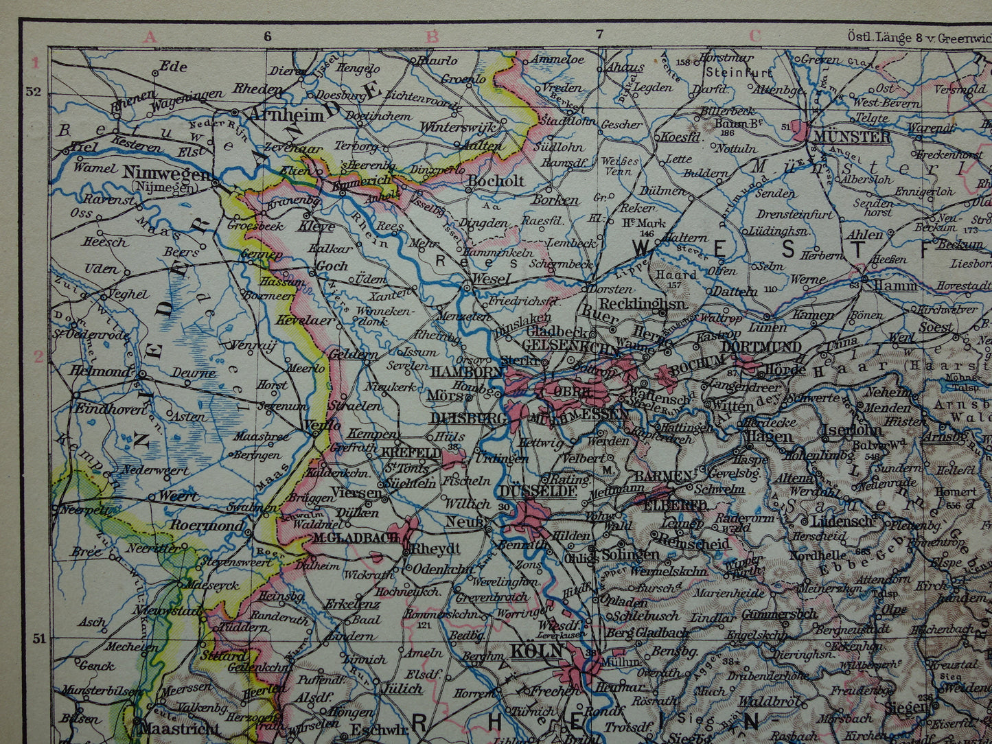DUITSLAND oude landkaart van Rhijnland 1928 originele vintage Duitse kaart Ruhrgebied Keulen Essen Dortmund Kassel