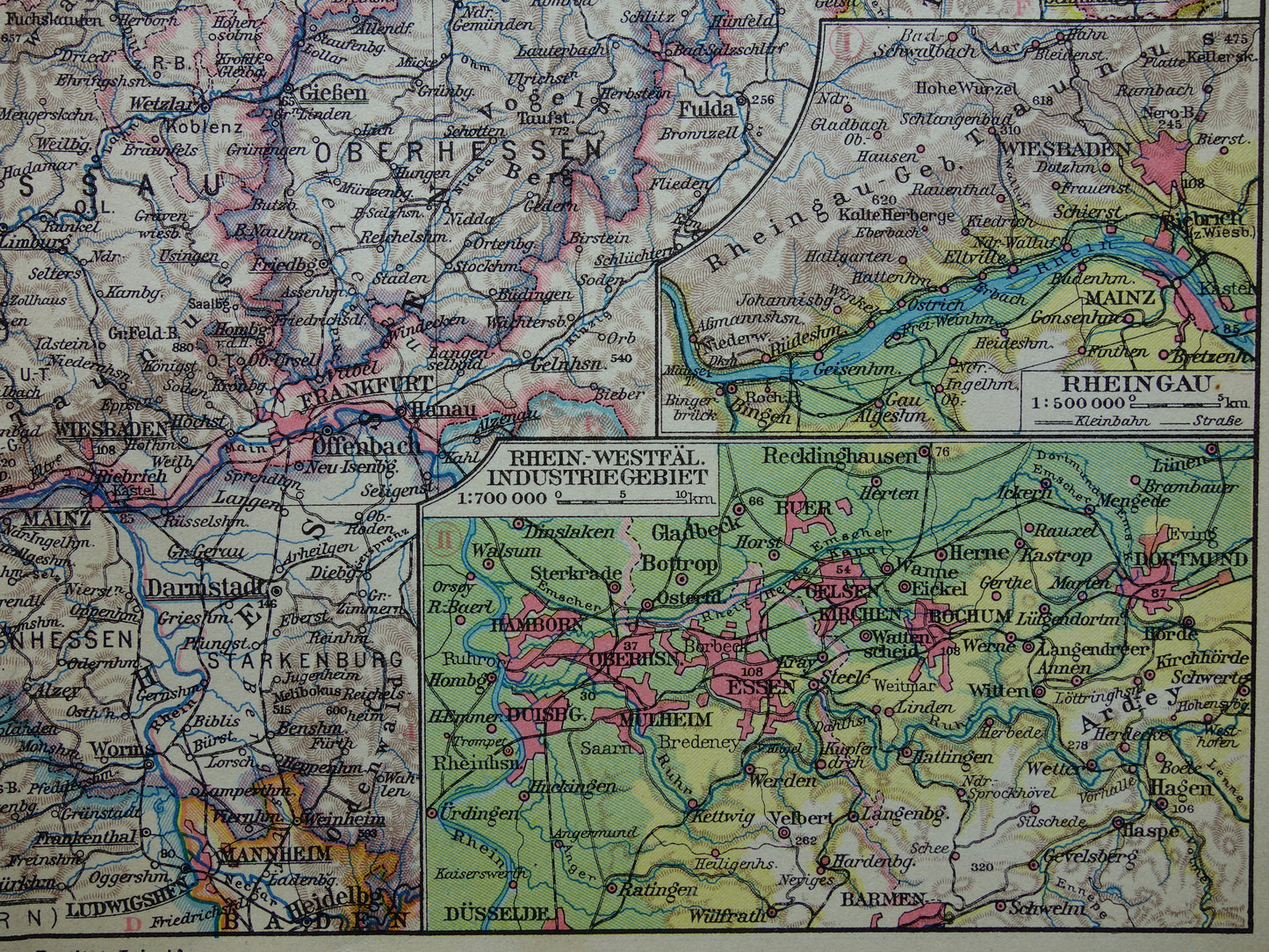 DUITSLAND oude landkaart van Rhijnland 1928 originele vintage Duitse kaart Ruhrgebied Keulen Essen Dortmund Kassel