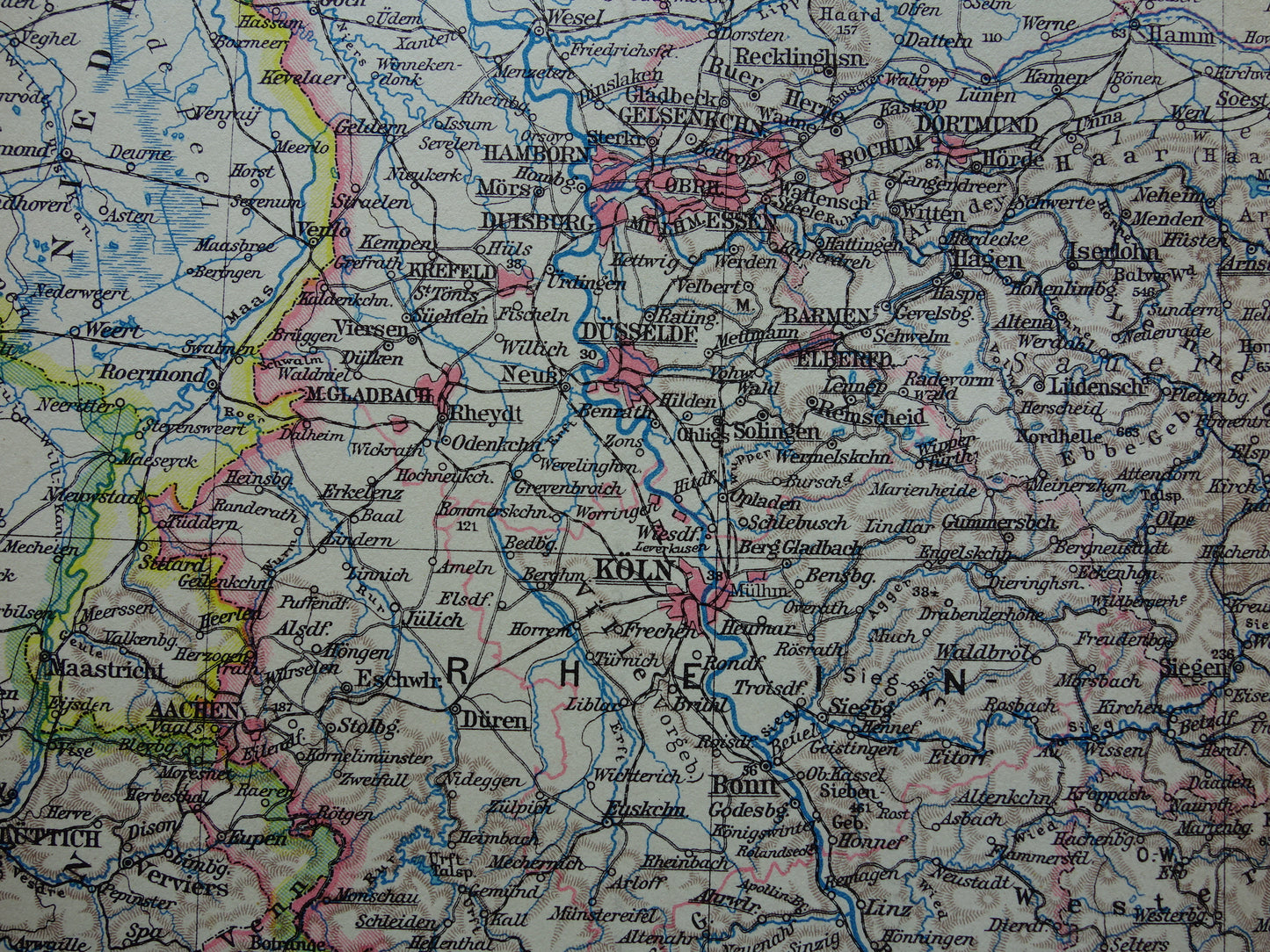 DUITSLAND oude landkaart van Rhijnland 1928 originele vintage Duitse kaart Ruhrgebied Keulen Essen Dortmund Kassel