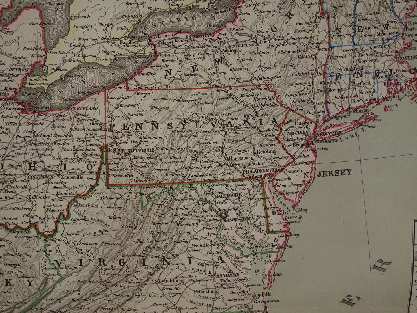 Verenigde Staten Oostkust oude kaart van VS in 1856 originele antieke landkaart Amerika vintage poster