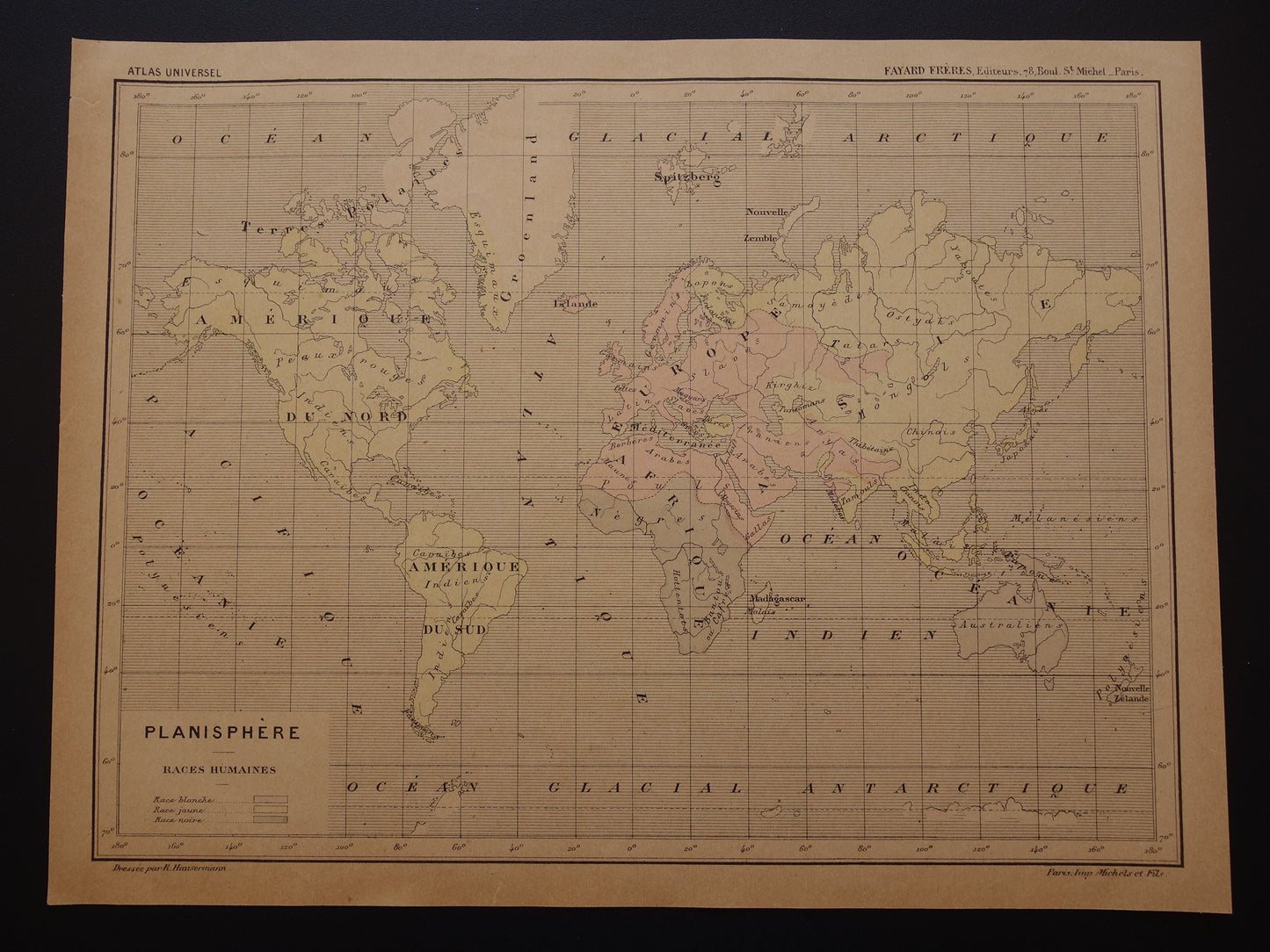 Originele oude antropologische wereldkaart over mensenrassen 1896 originele antieke Franse handgekleurde landkaart
