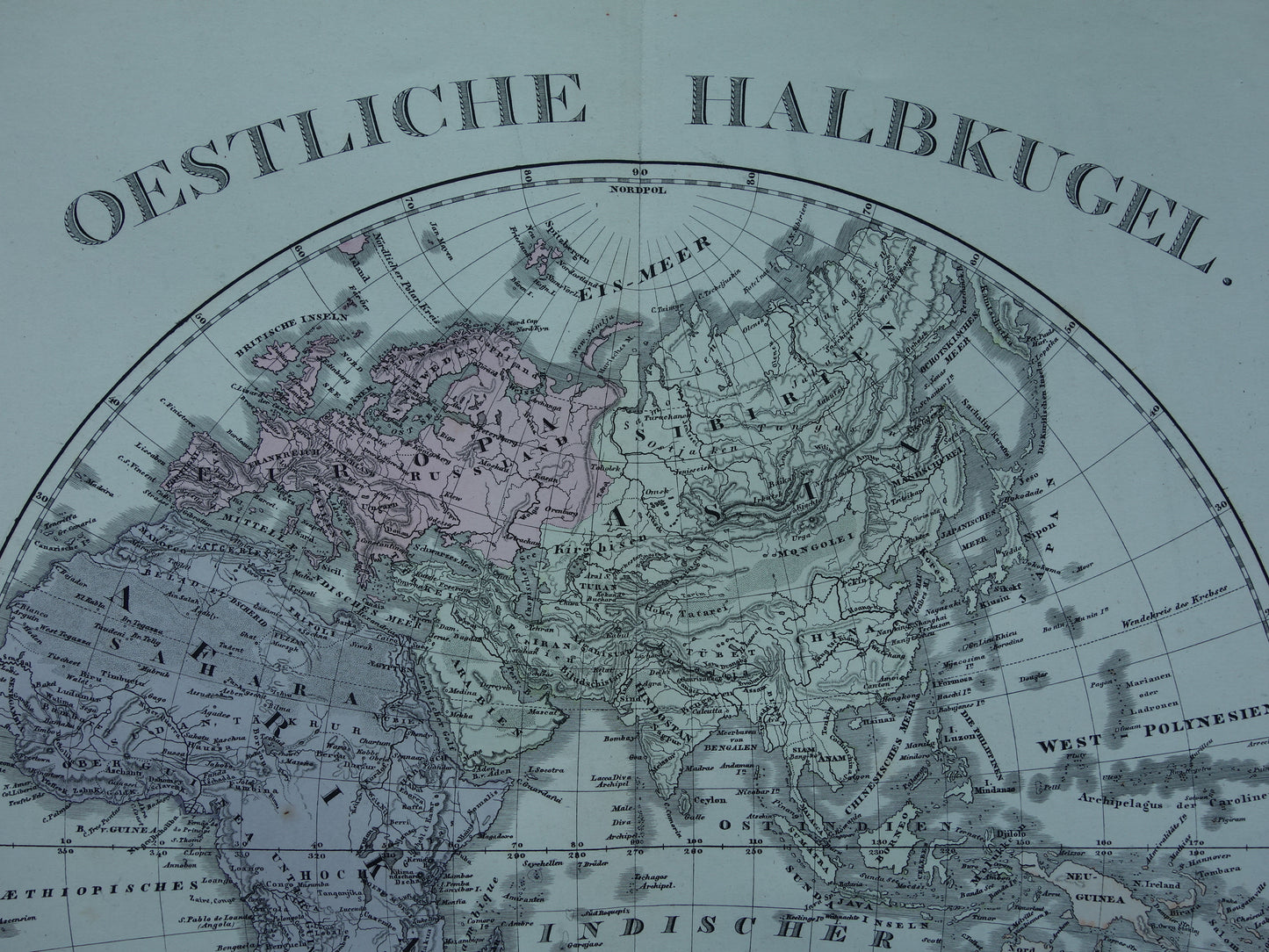Wereldkaart antieke kaart van Westelijk en Oostelijk Halfrond originele 140+ jaar oude landkaart van de wereld in twee delen
