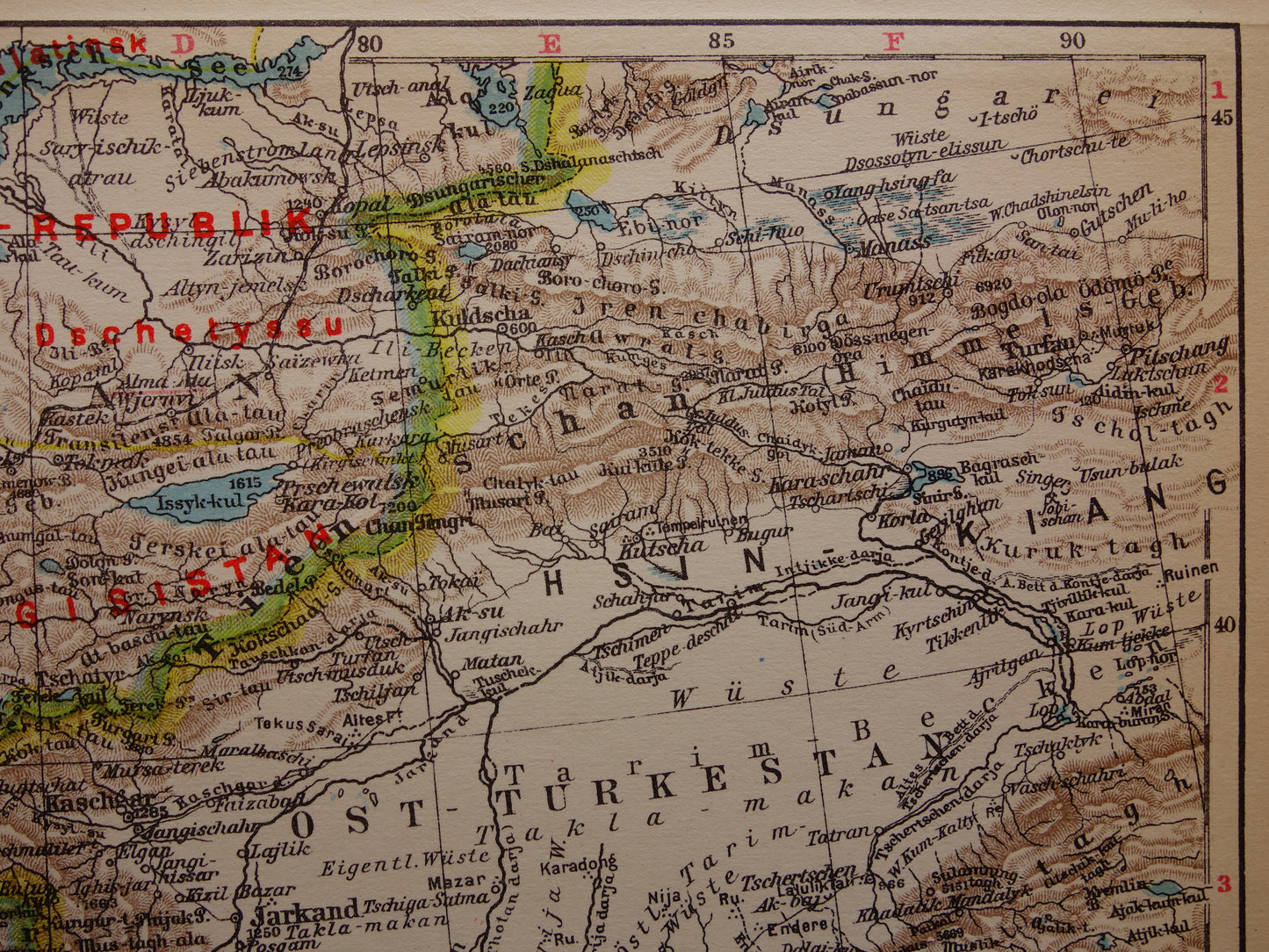 CENTRAAL-AZIË oude landkaart van Tibet Turkestan Himalaya kleine antieke Duitse kaart Oezbekistan Kirgizië Tadzjikistan