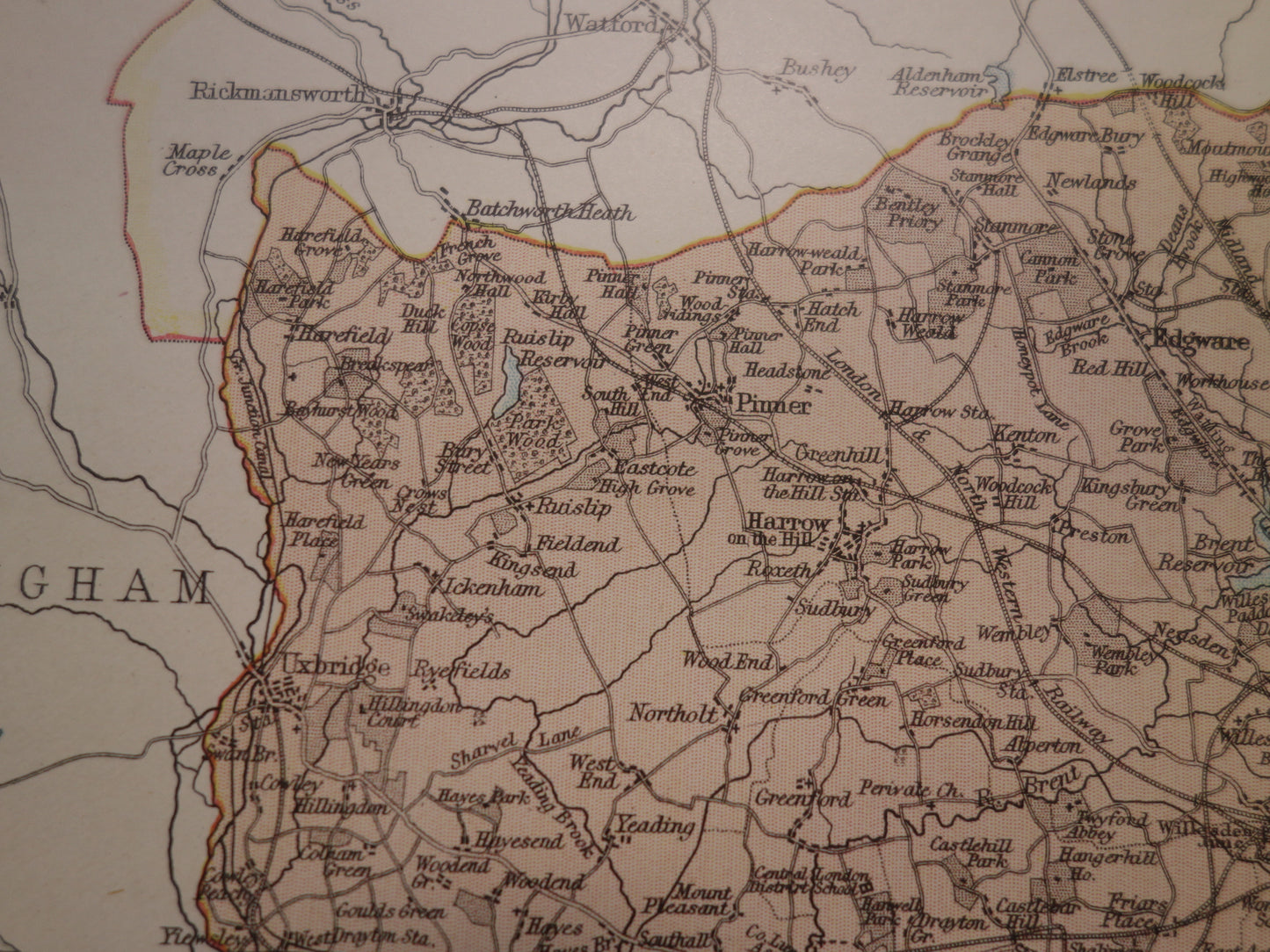 LONDEN antieke kaart van Middlesex Engeland uit 1883 originele vintage historische kaarten Londen en omgeving