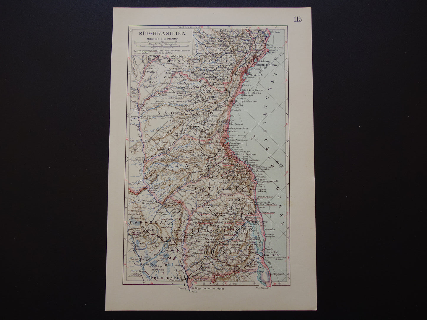 BRAZILIË oude landkaart van zuid-Brazilië 1913 originele antieke kleine kaart Rio Grande Rio de Janeiro