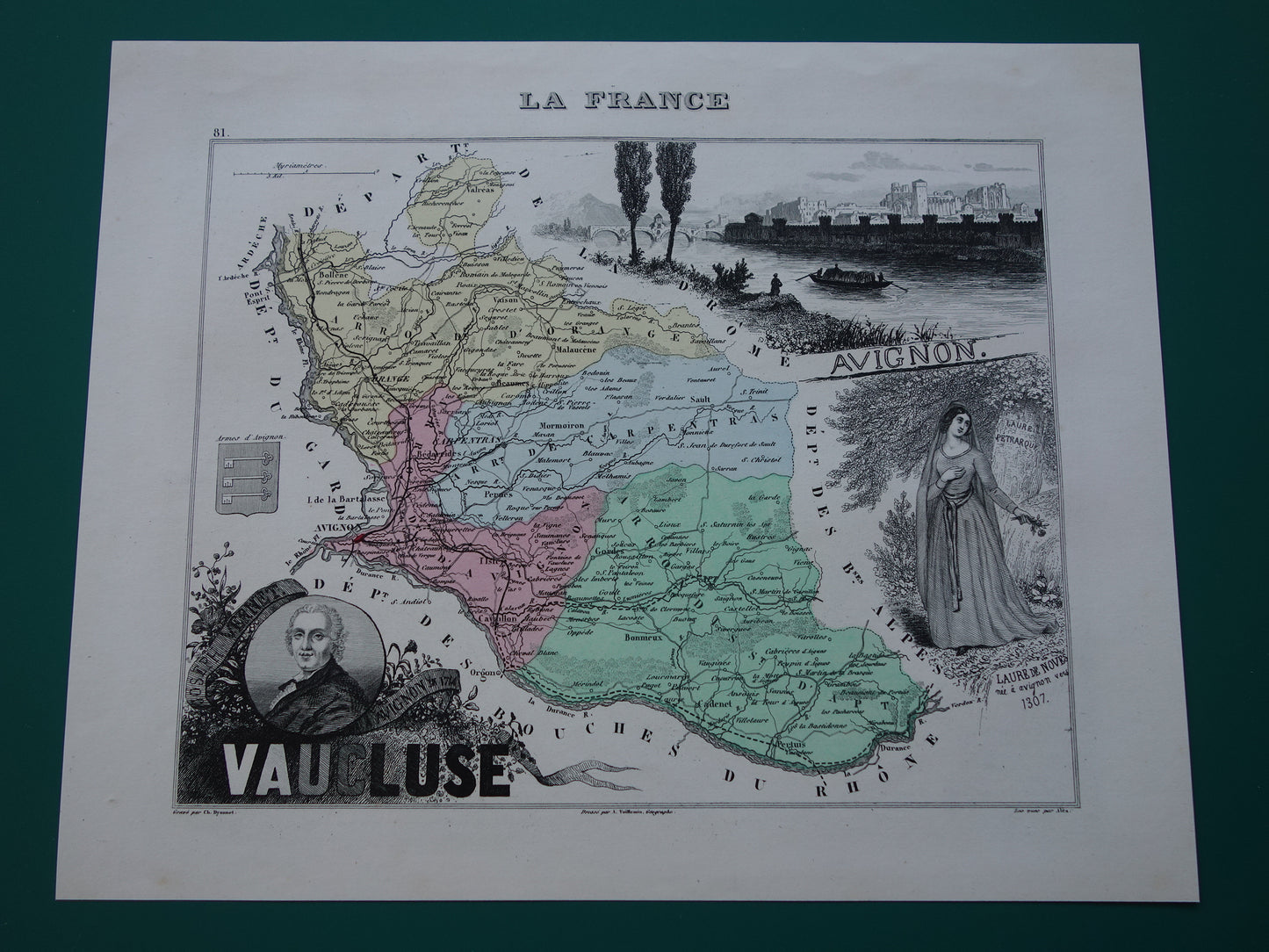 Oude kaart van Vaucluse departement in Frankrijk uit 1872 originele antieke handgekleurde landkaart Avignon