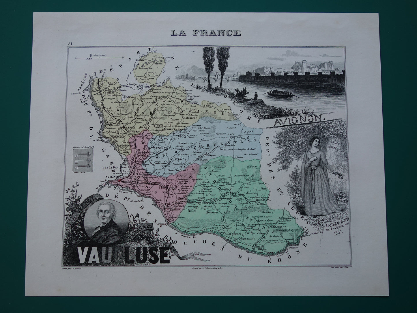 Oude kaart van Vaucluse departement in Frankrijk uit 1872 originele antieke handgekleurde landkaart Avignon