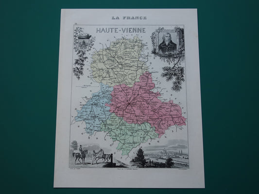 Oude kaart van HAUTE-VIENNE departement in Frankrijk uit 1872 originele antieke handgekleurde landkaart Limoges Limousin