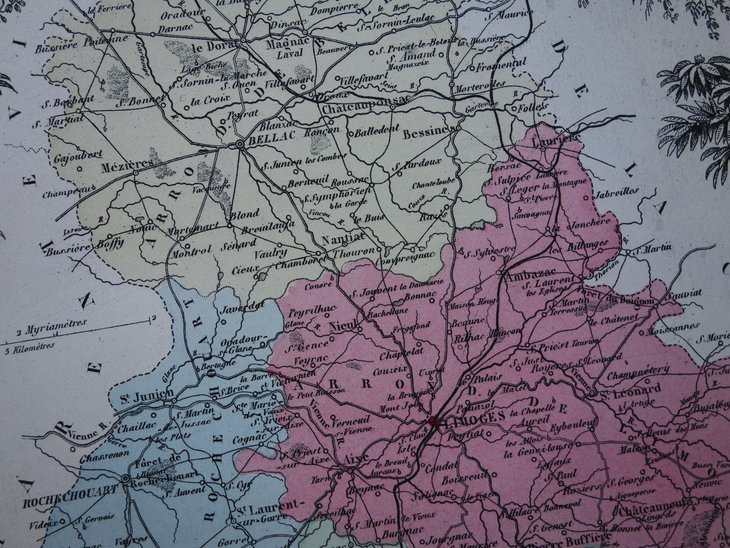 Oude kaart van HAUTE-VIENNE departement in Frankrijk uit 1872 originele antieke handgekleurde landkaart Limoges