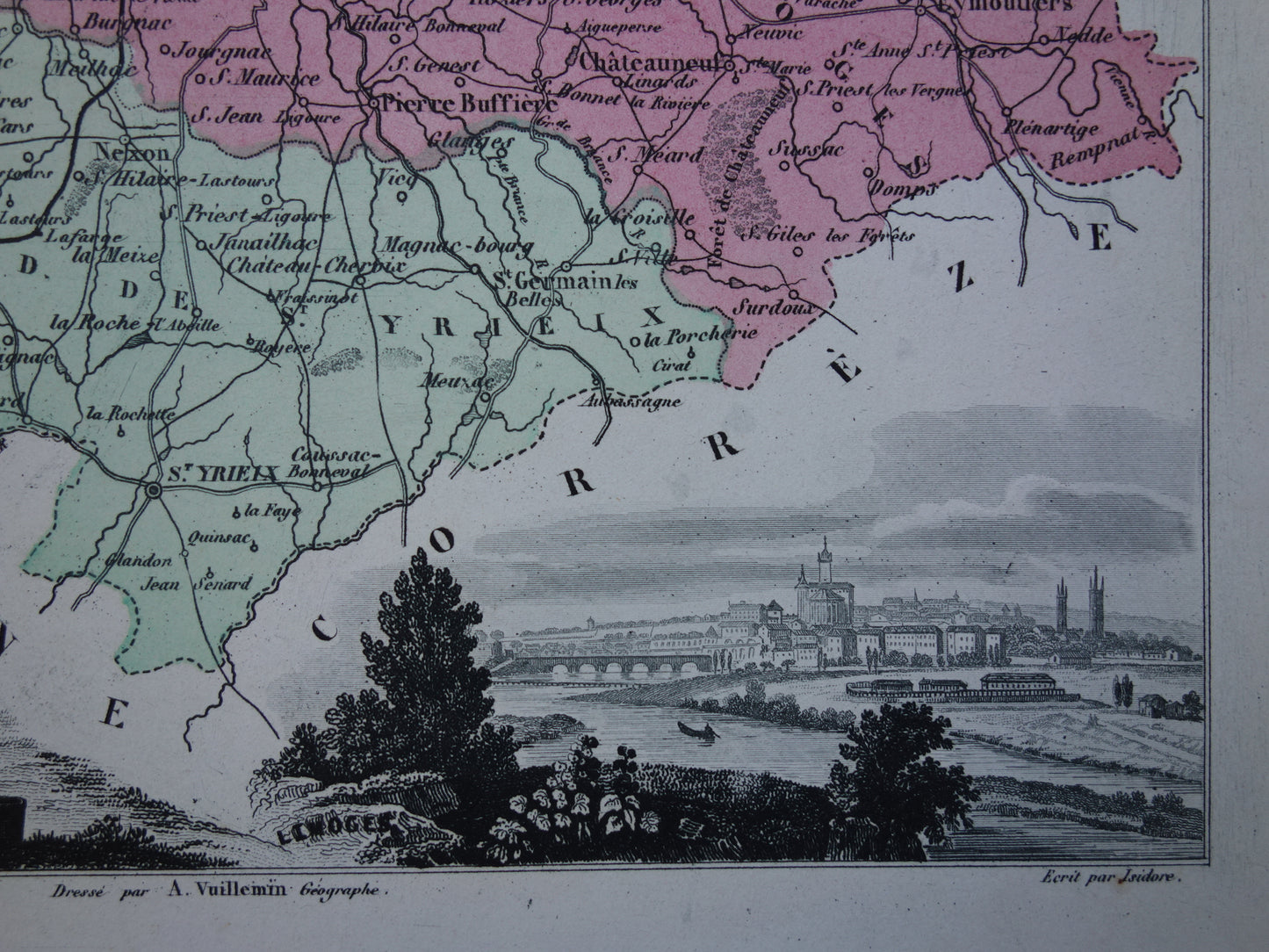 Oude kaart van HAUTE-VIENNE departement in Frankrijk uit 1872 originele antieke handgekleurde landkaart Limoges