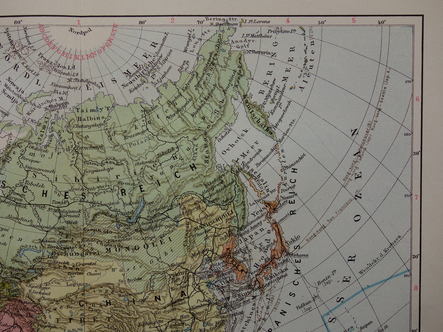 AZIË oude landkaart van continent Azië uit 1913 originele antieke kaart
