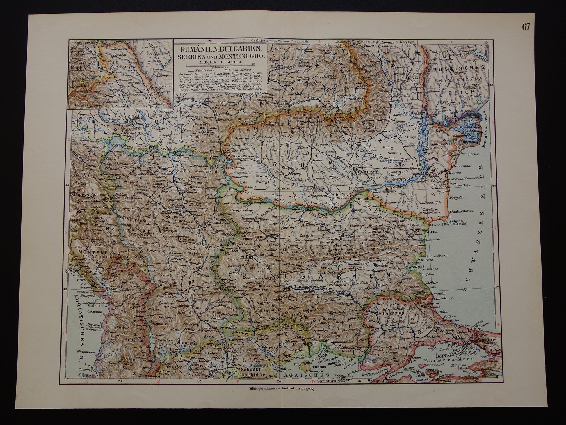 Oude kaart van Roemenië Bulgarije en Servië uit 1905 Balkans originele antieke print Varna Sofia Belgrado Boekarest vintage landkaarten