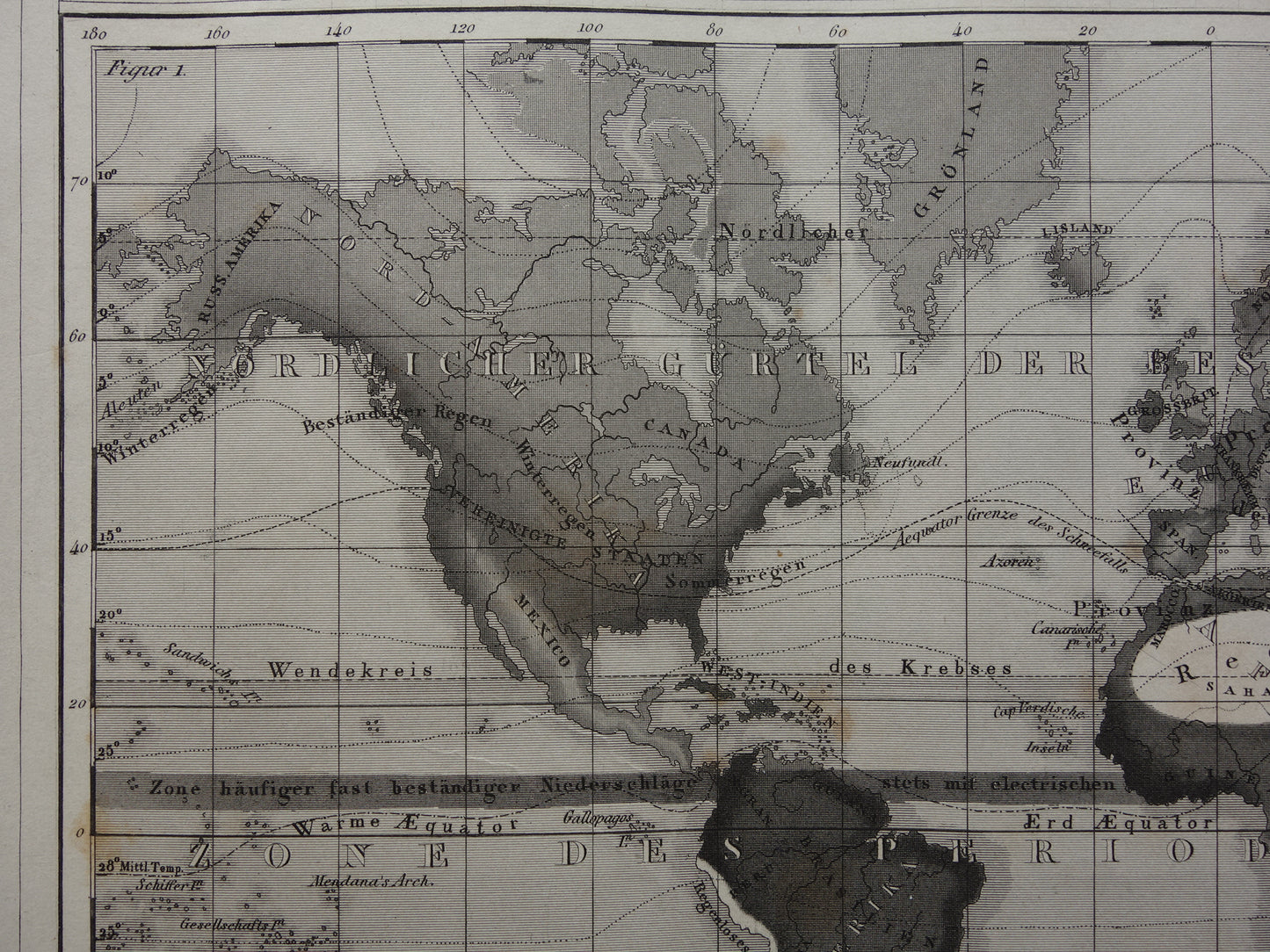 WERELDKAART oude klimaatkaart van de wereld 1849 originele antieke kaart over metereologie klimaat neerslag regen