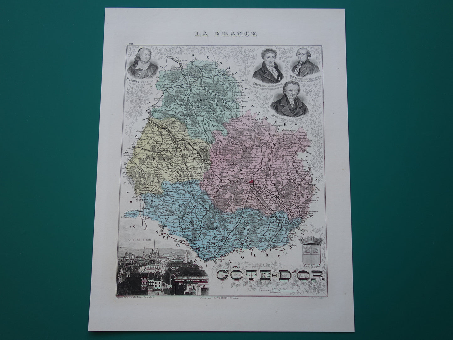 Oude kaart van Cote-d'or departement in Frankrijk uit 1882 originele antieke handgekleurde landkaart Dijon Beaune vintage print