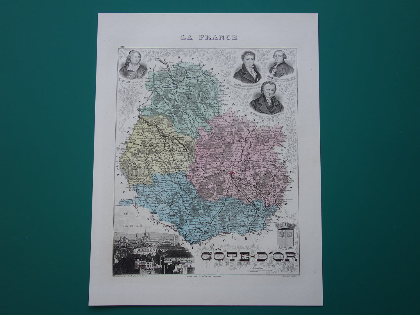 Oude kaart van Côte-d'Or departement in Frankrijk uit 1882 originele antieke handgekleurde landkaart Dijon Beaune vintage print